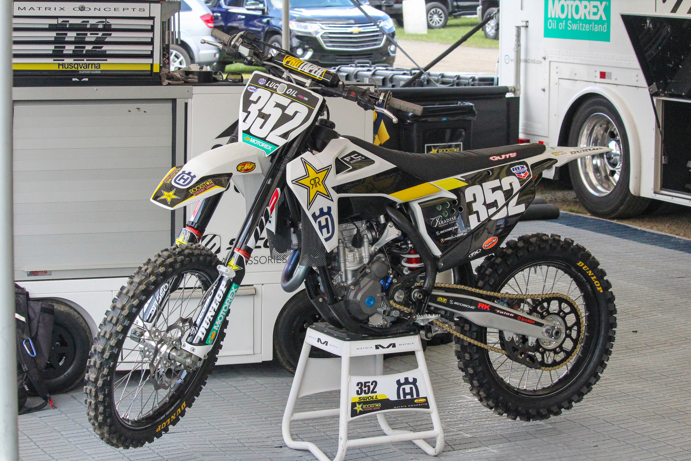 Jalek Swoll's FC 250 under the Husky tent