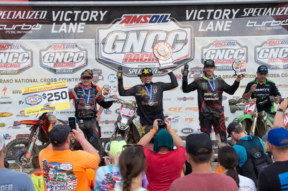 Thad Duvall (center), Kailub Russell (right) and Josh Strang (left) rounded out the XC1 Open Pro podium at the High Voltage GNCC in Pennsylvania.