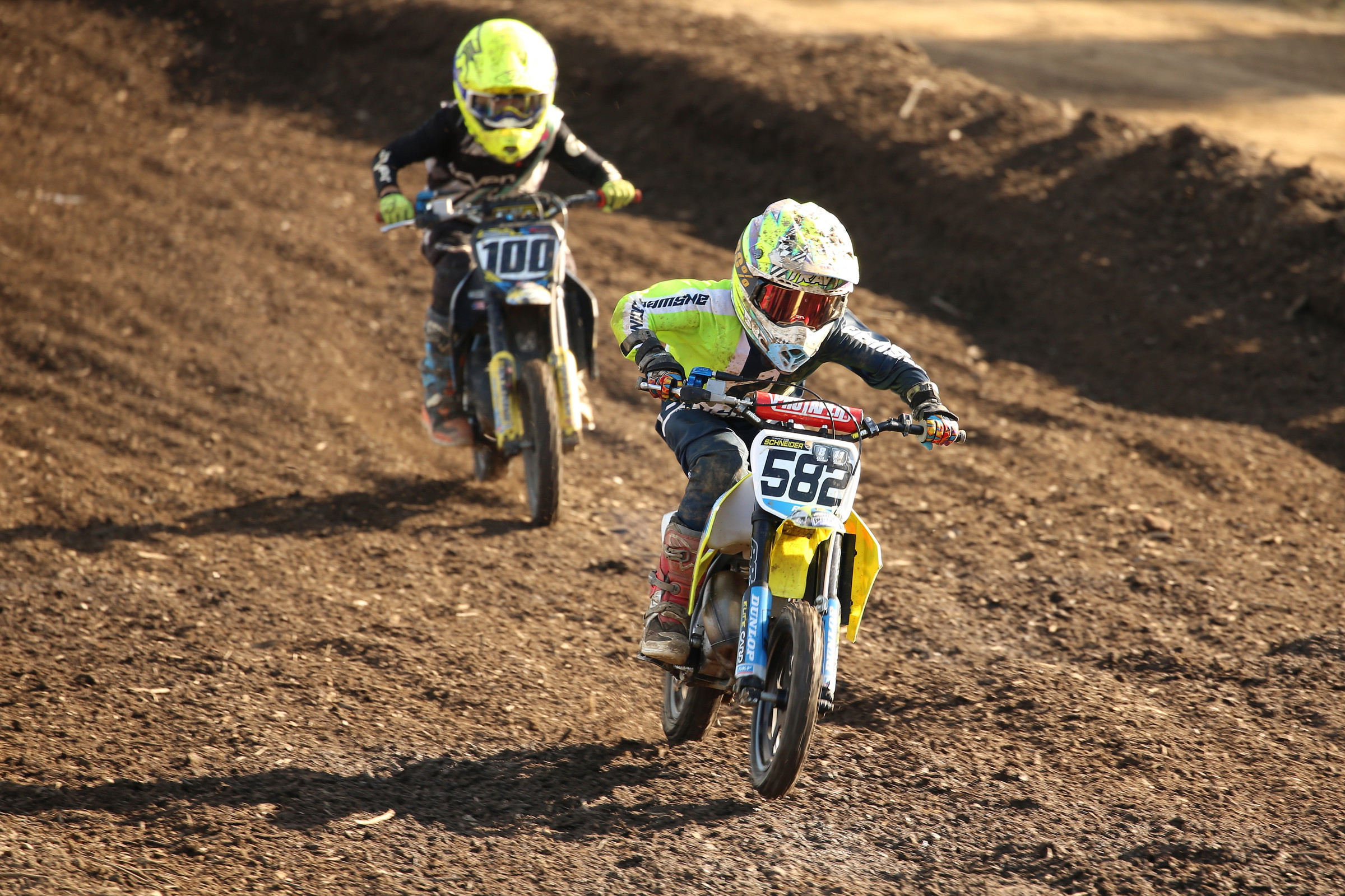Some of the best racing of the weekend came out of the 50cc classes. Travis Schneider (582) was able to take the win in the 50cc 7-8 Stock class with his rivals Wayne Powers Jr. in second and Travis Johnsmeyer (100) finishing third. Johnsmeyer won the 50cc Open 4-8 class with Schneider in second and Powers in third. The future of racing is in good hands with these rippers.