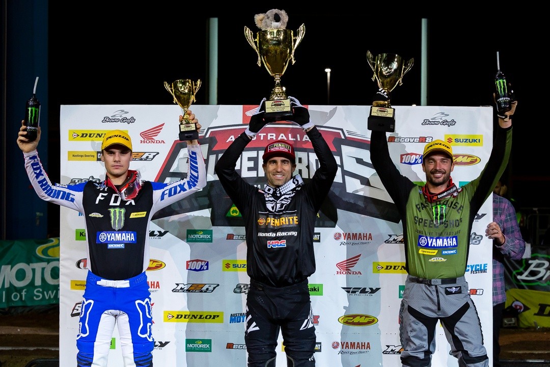 The overall SX1 podium at round one: defending champion Justin Brayton (1-1 for first overall), Luke Clout (3-2 for second overall) and Daniel Reardon (4-3 for third overall).