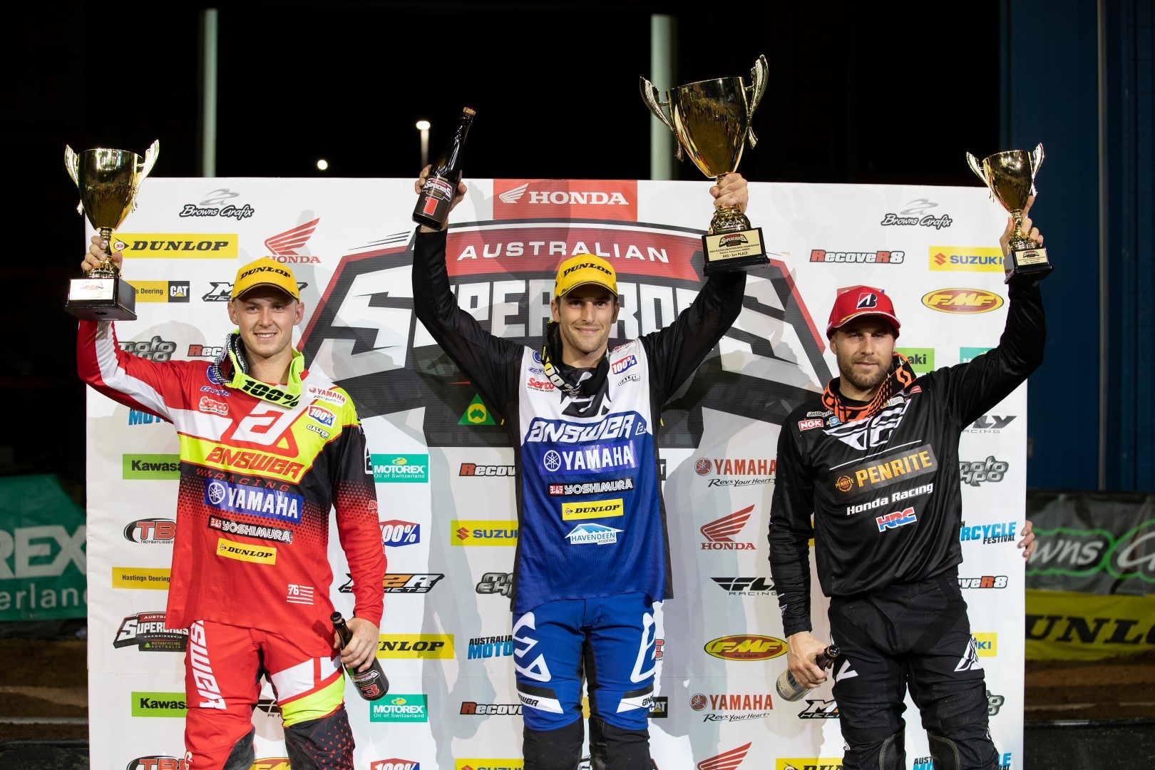 The SX2 overall podium at round one: Jacob Hayes (3-1 for first overall), Aaron Tanti (2-3 for second overall), and Chris Blose (4-2 for third overall).