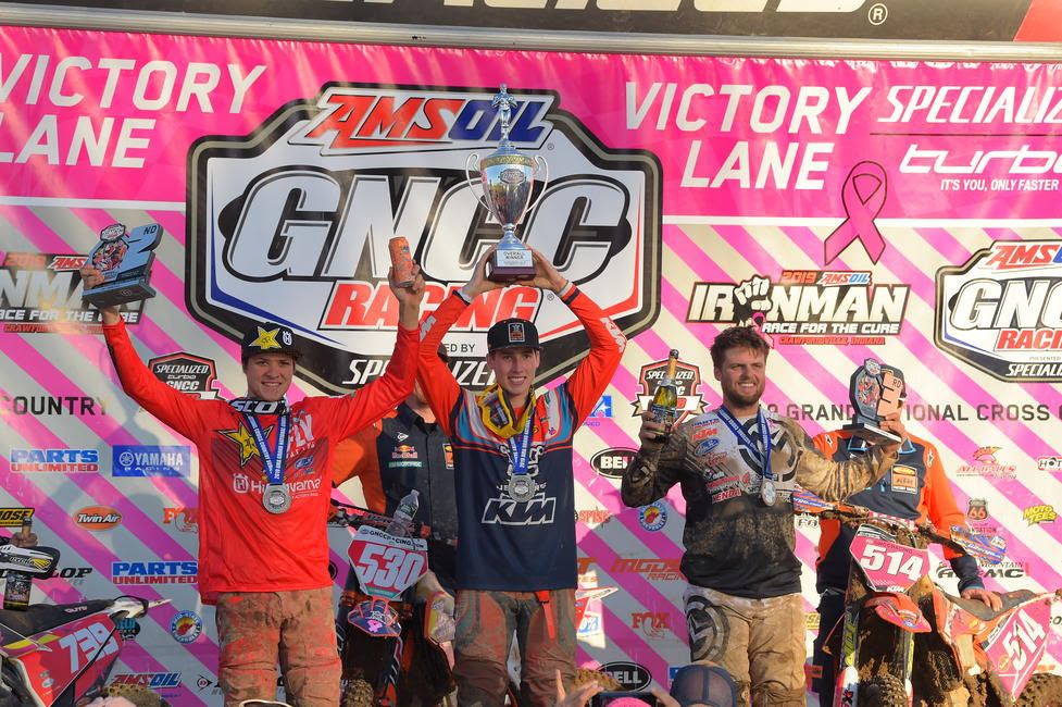 Ben Kelley (center), Trevor Bollinger (left), and Steward Baylor Jr. (right) rounded out the final podium of the 2019 season at the AMSOIL Ironman GNCC.
