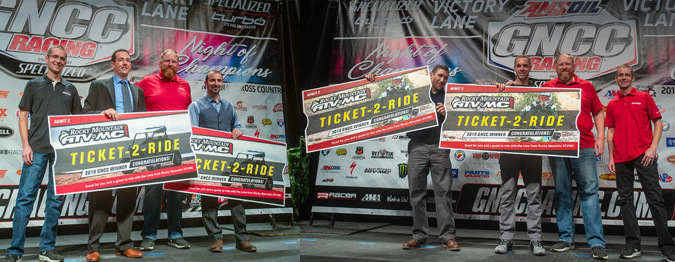 Michael Relyea and Robbie Pecorari were the Ticket-2-Ride winners at the ATV banquet, while Matt Sorge and Chase Colville along with Racer Producitons' Ryan Echols won the Ticket-2-Ride Saturday night at the bike banquet.