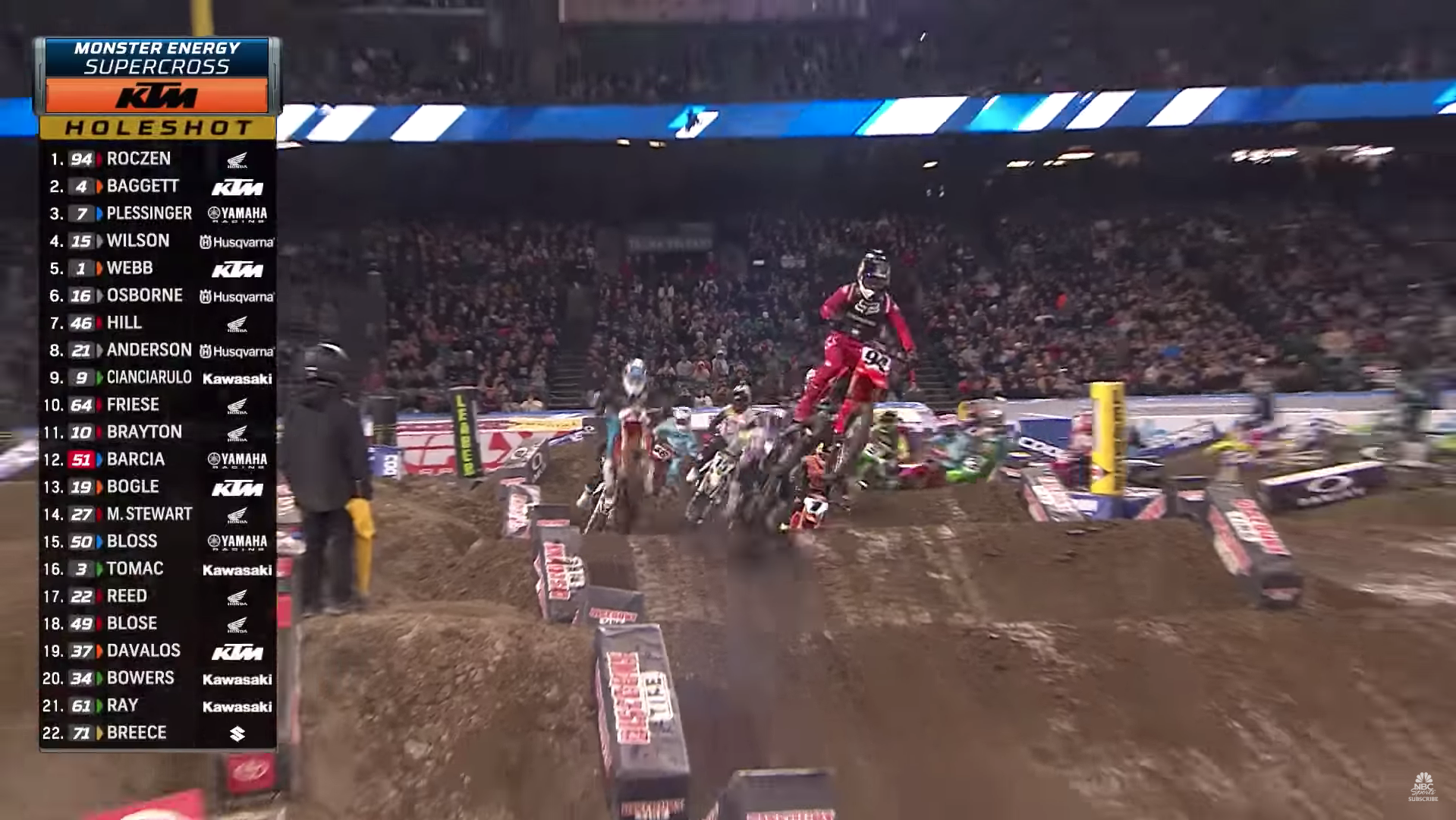 This screengrab from the 450SX main event shows Eli Tomac crossing the holeshot line in 16th. He managed to make several passes within the first few sections which landed him to cross the finish line of lap one in tenth before deploying one of his famous charges to the front for the win.