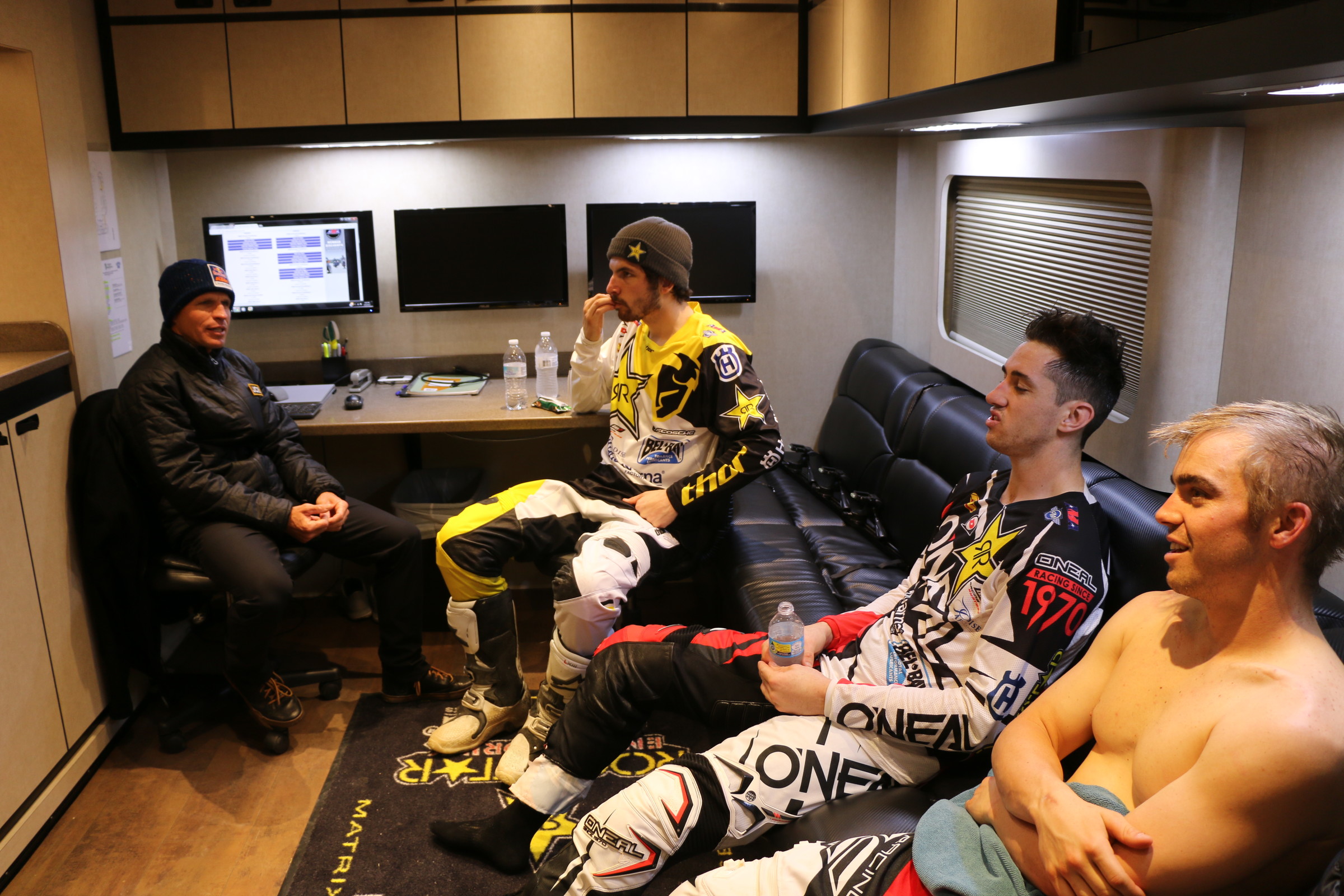 Anderson, Wilson, and Osborne study film between practices inside the Rockstar Energy Husqvarna Factory Racing rig. Their respective personalities make for lots of teasing and friendly banter, as well as cooperation.