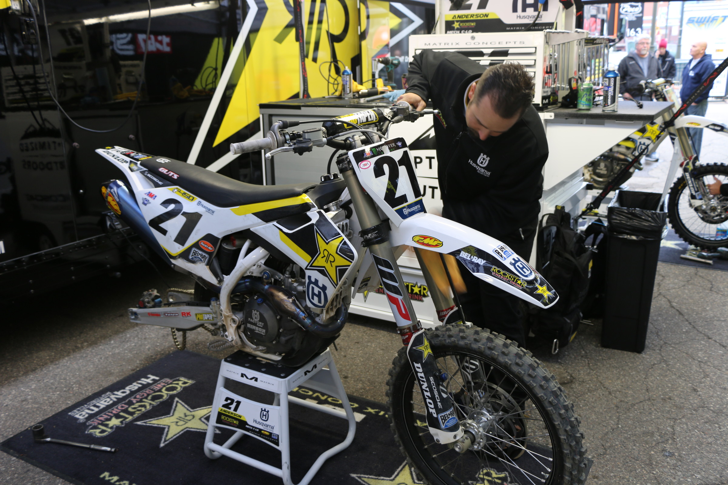 Anderson's Husqvarna in the shop.