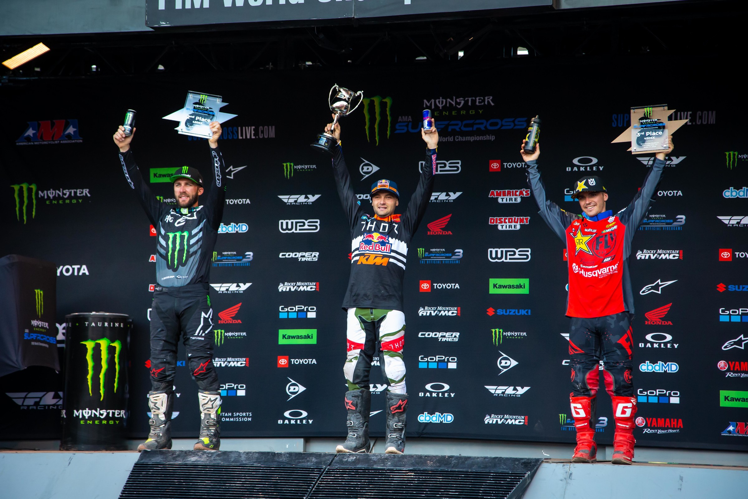 The Salt Lake City 6 Supercross 450SX main event podium, a repeat of the SLC 2 podium.