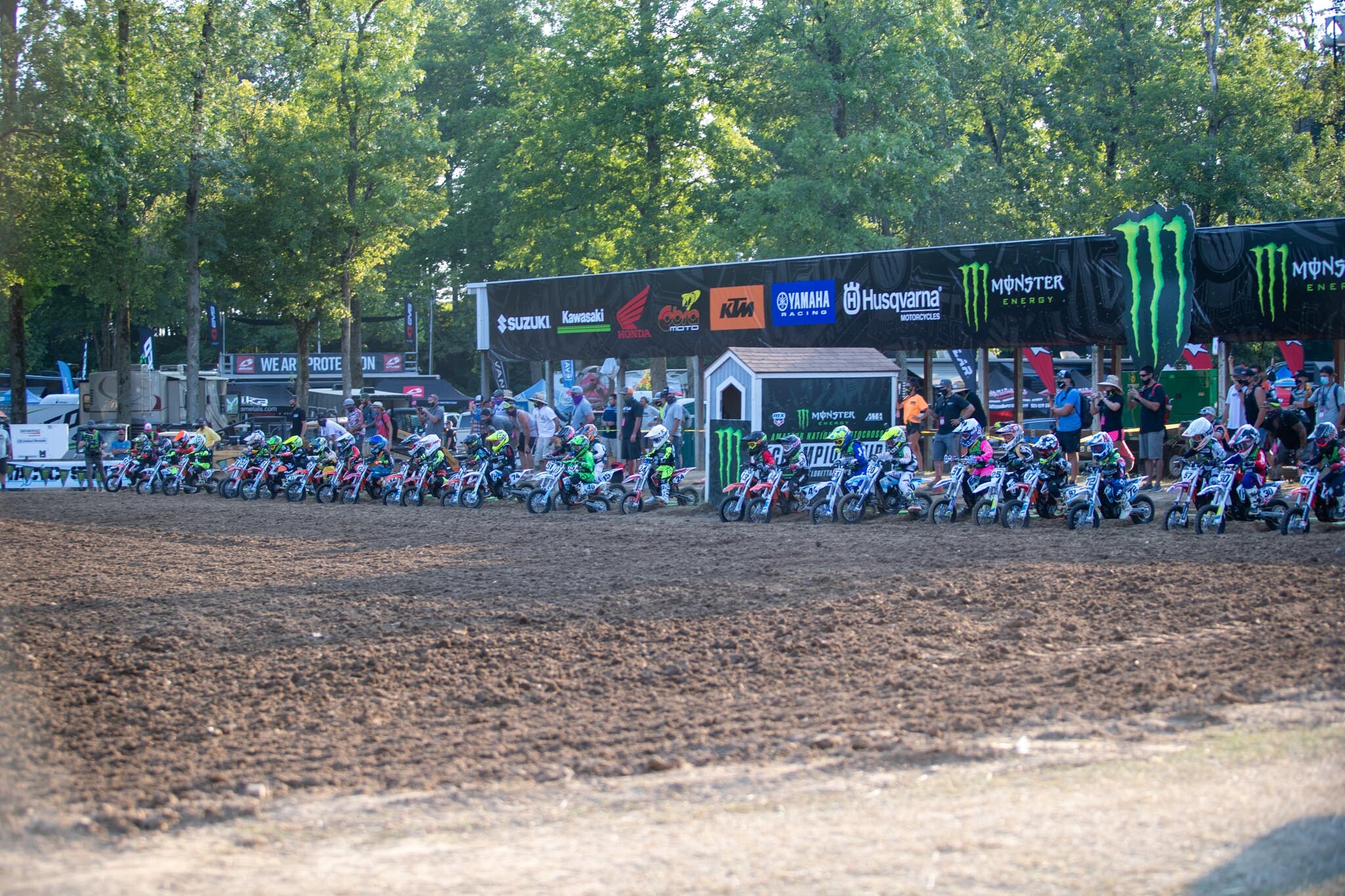 The gate drop on the first ever Mini-E (4-6) Jr. moto on Wednesday night at the Loretta Lynn Ranch.