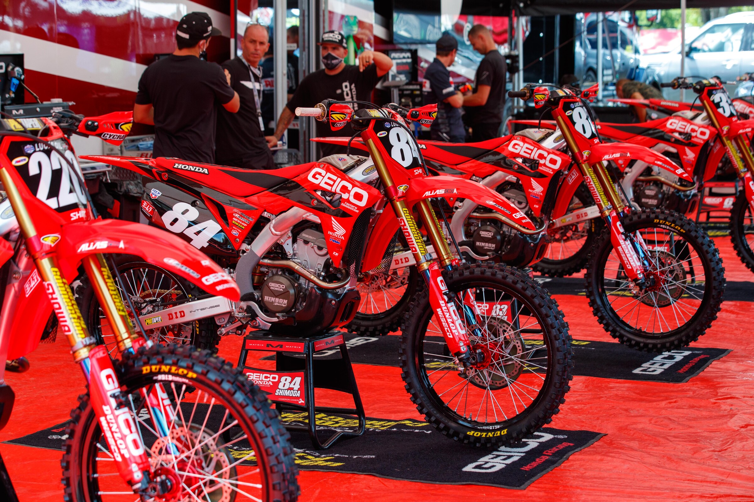 The GEICO Honda CRF250R race bikes ready for today's racing.