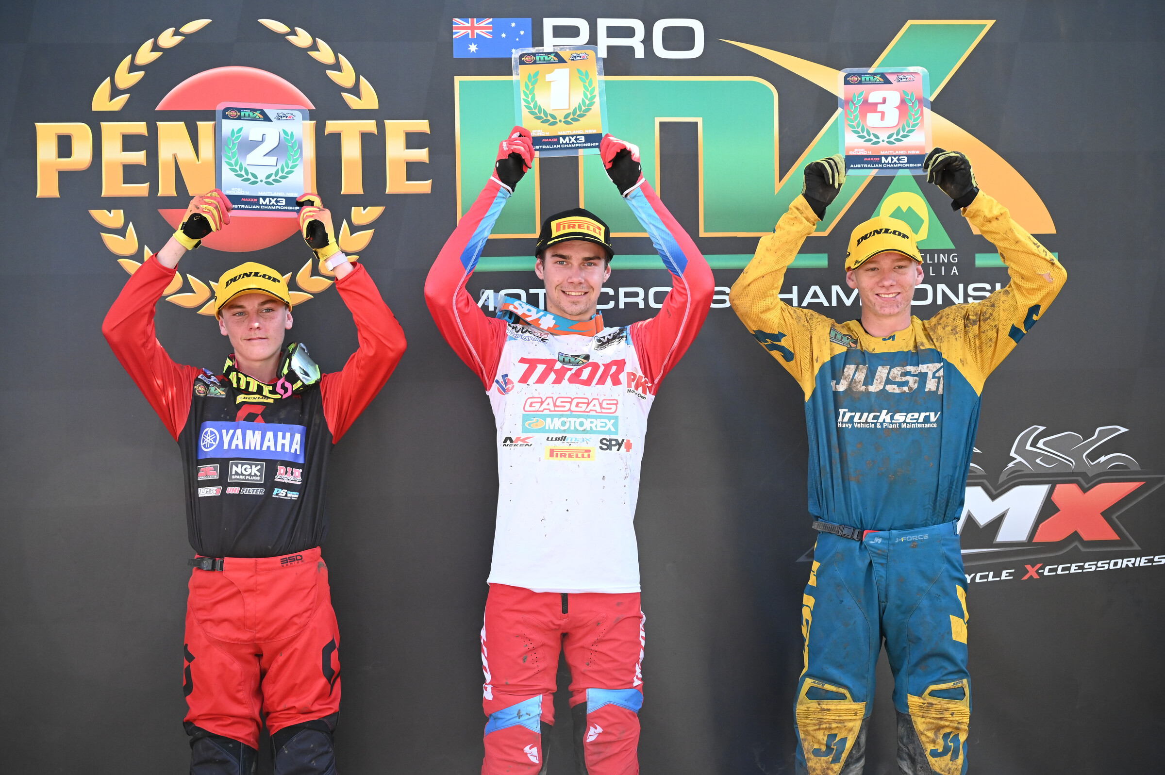 The Maxxis MX3 overall podium: 1st Blake Fox, 2nd Ryder Kingsford, and 3rd Cooper Holroyd.