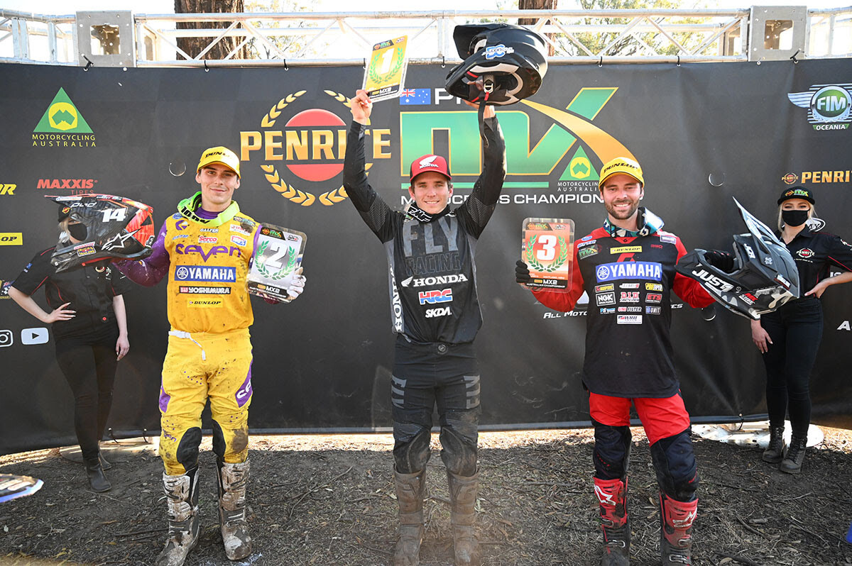 The Pirelli MX2 overall podium: Kyle Webster taking the win, with Jesse Dobson in 2nd, and Jay Wilson in 3rd overall.