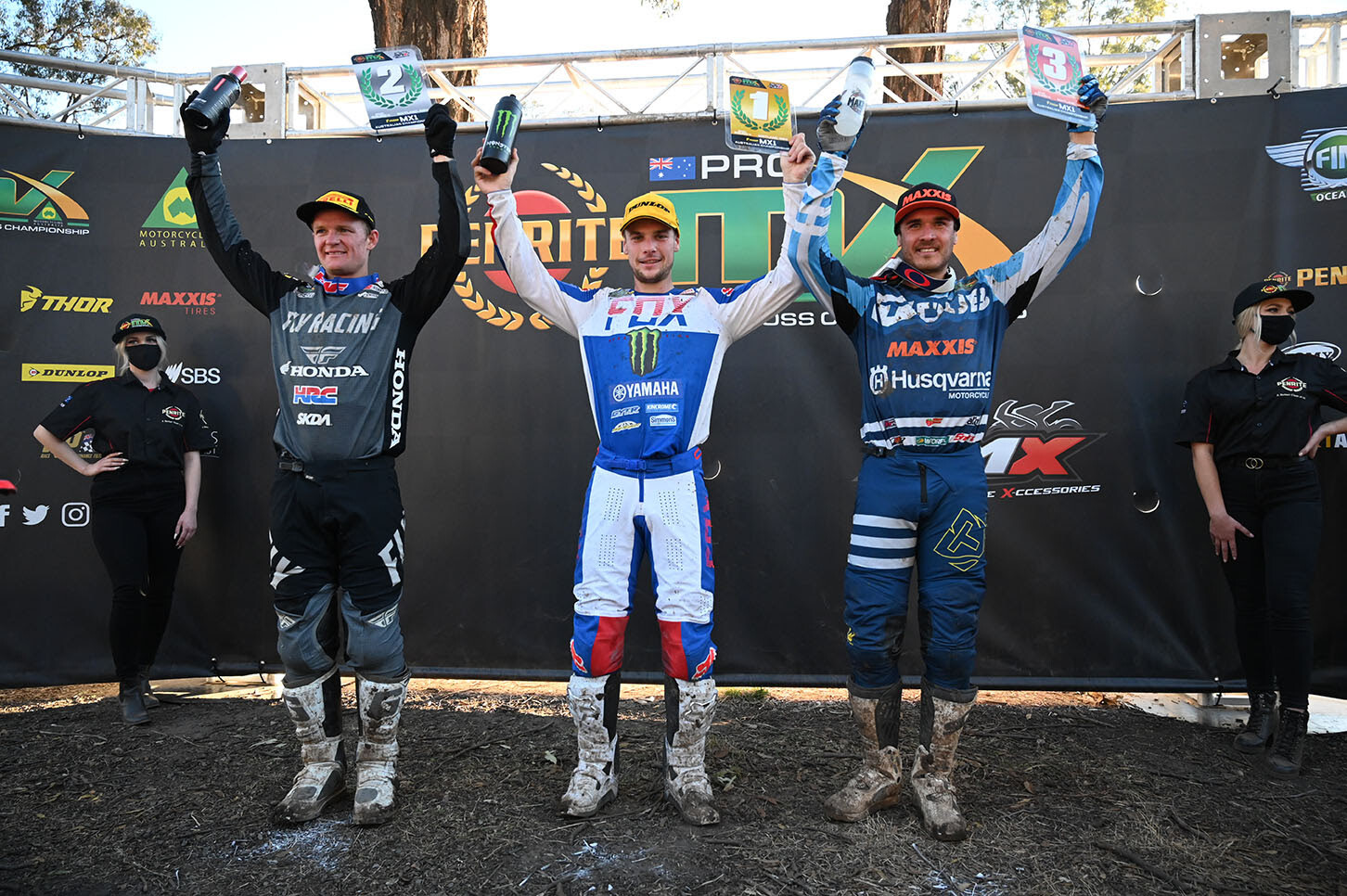 The THOR MX1 Overall podium: 1st Luke Clout, 2nd Kirk Gibbs, and 3rd Todd Waters.