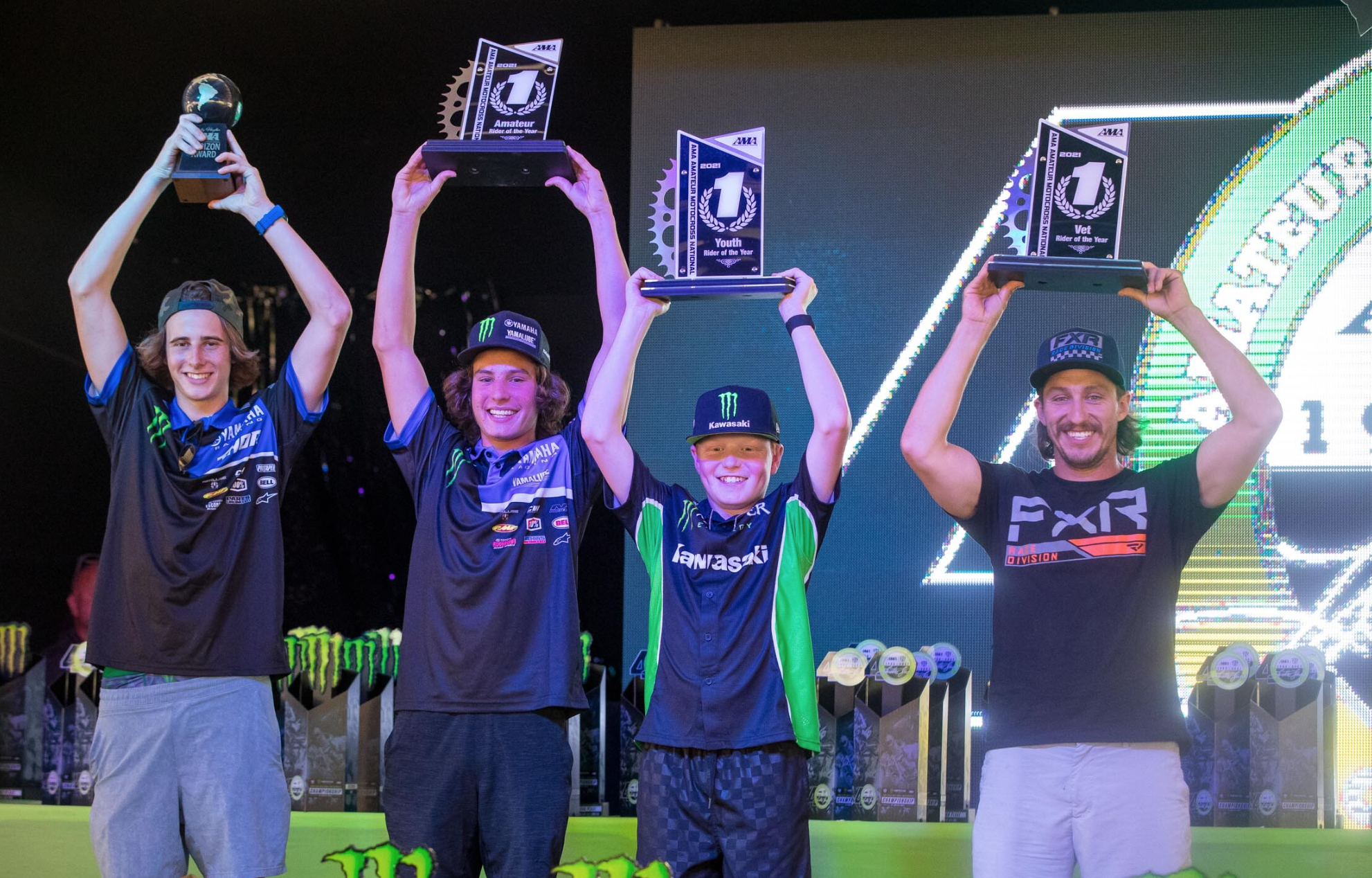 From left to right: AMA Nicky Hayden Amateur Horizon Award: Levi Kitchen (Yamaha), Amateur Rider of the Year: Nick Romano (Yamaha), Youth Rider of the Year: Drew Adams (Kawasaki), and Vet Rider of the Year: Broc Peterson (Honda).