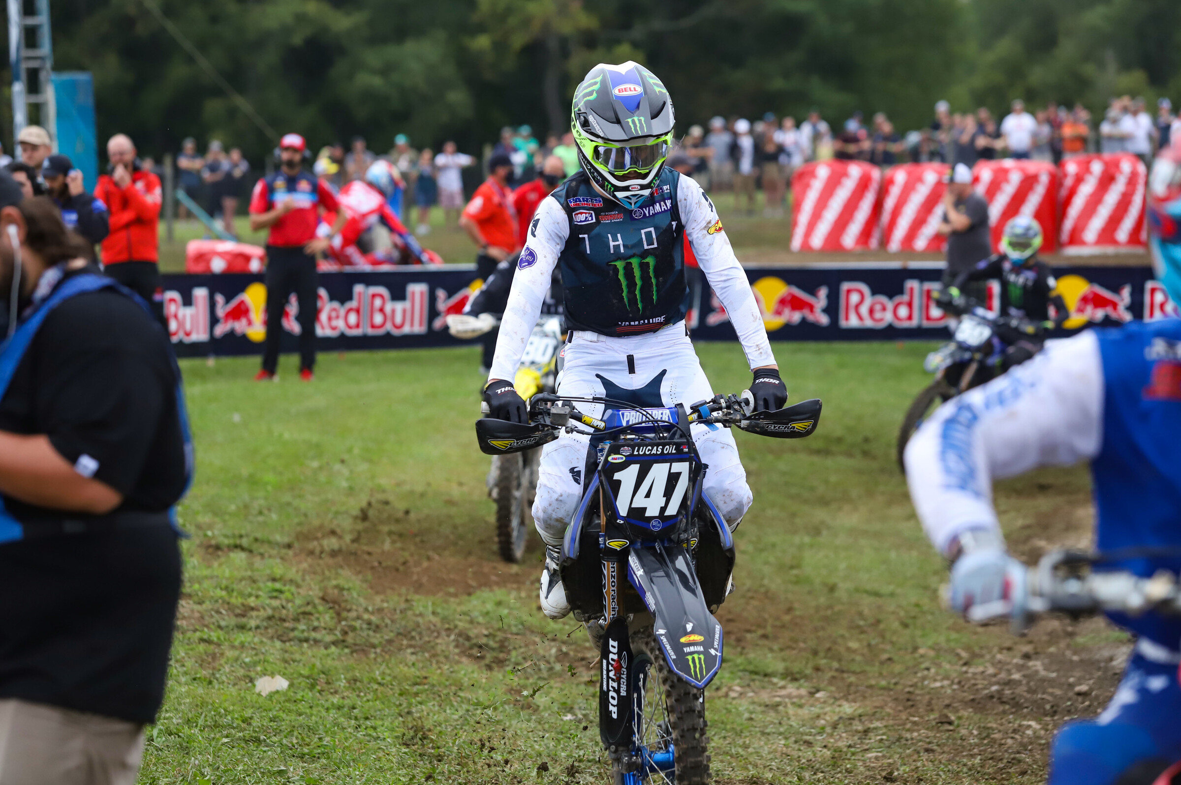 Kitchen pulls a stoppie while returning to the starting straight during start practice.