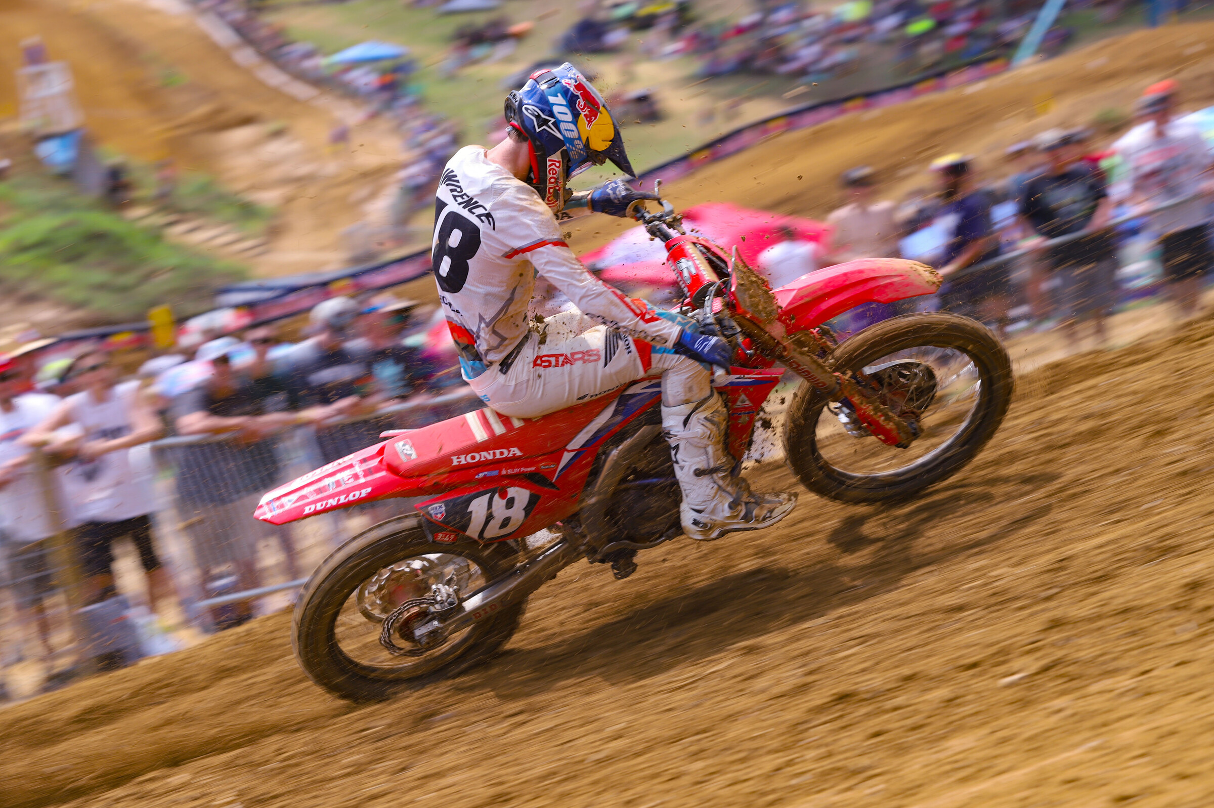 Jett Lawrence ducks as roost hits him.