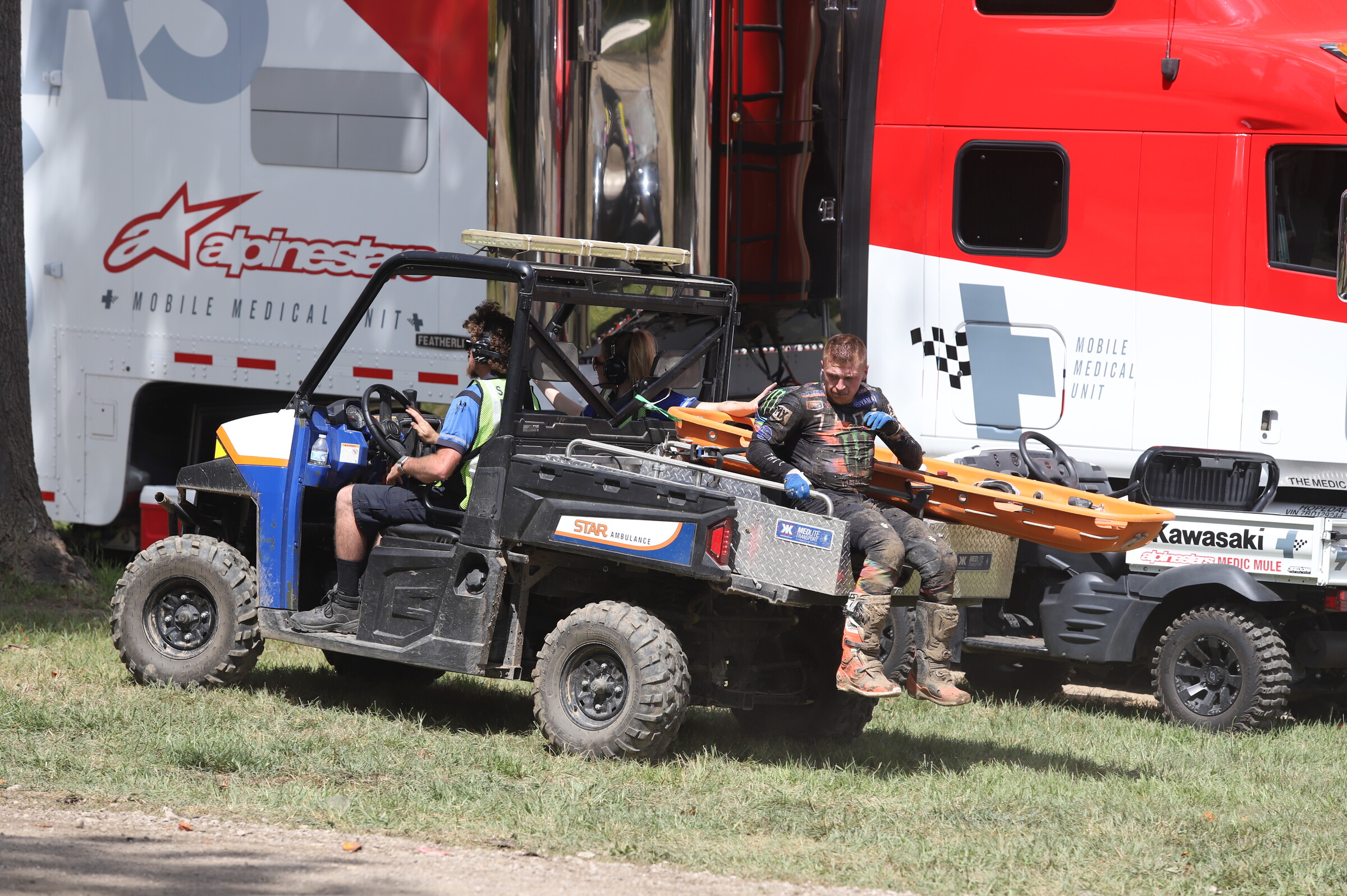 Jeremy Martin takes a ride on the Alpinestars Medical Crew after a hard crash. He suffered a broken left wrist.