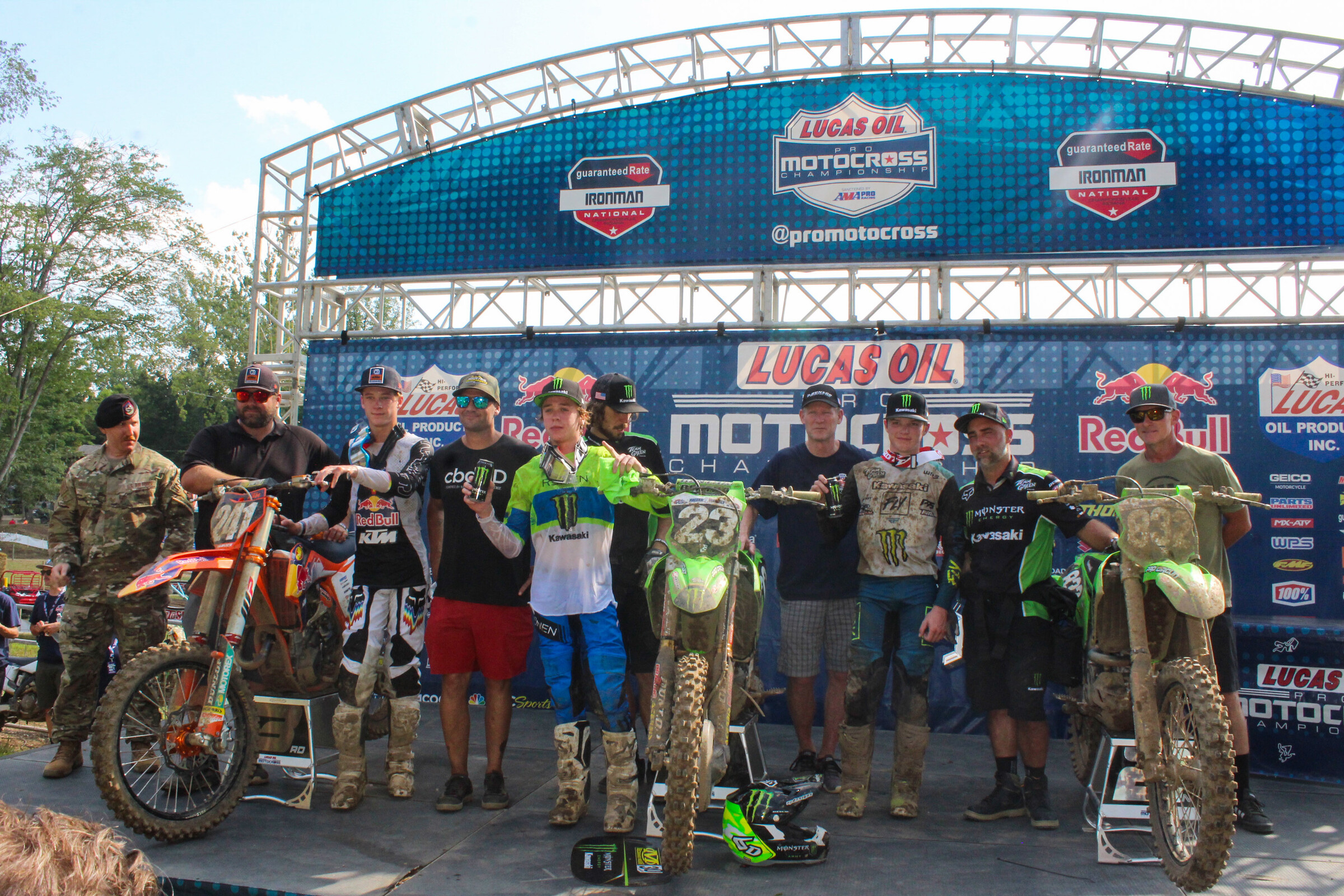 The overall podium (with their mechanics and coaches) at the inaugural MX Sports Pro Racing Scouting Moto Combine.
