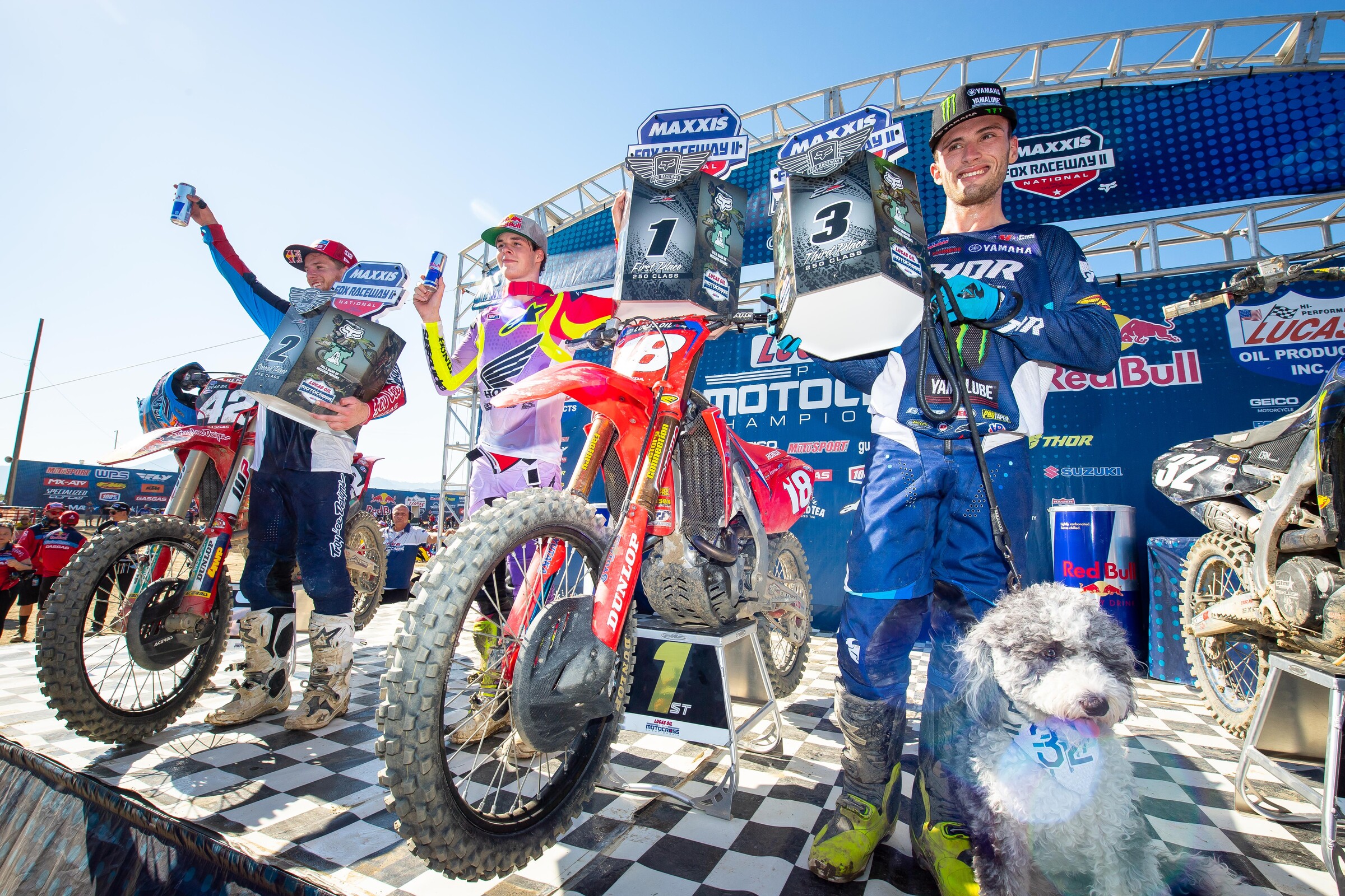 The 2021 Fox Raceway 2 National 250 Class overall podium: Jett Lawrence (middle, 1-1 for first overall), Michael Mosiman (left, 2-4 for second overall), and Justin Cooper (right, 5-2 for third overall).
