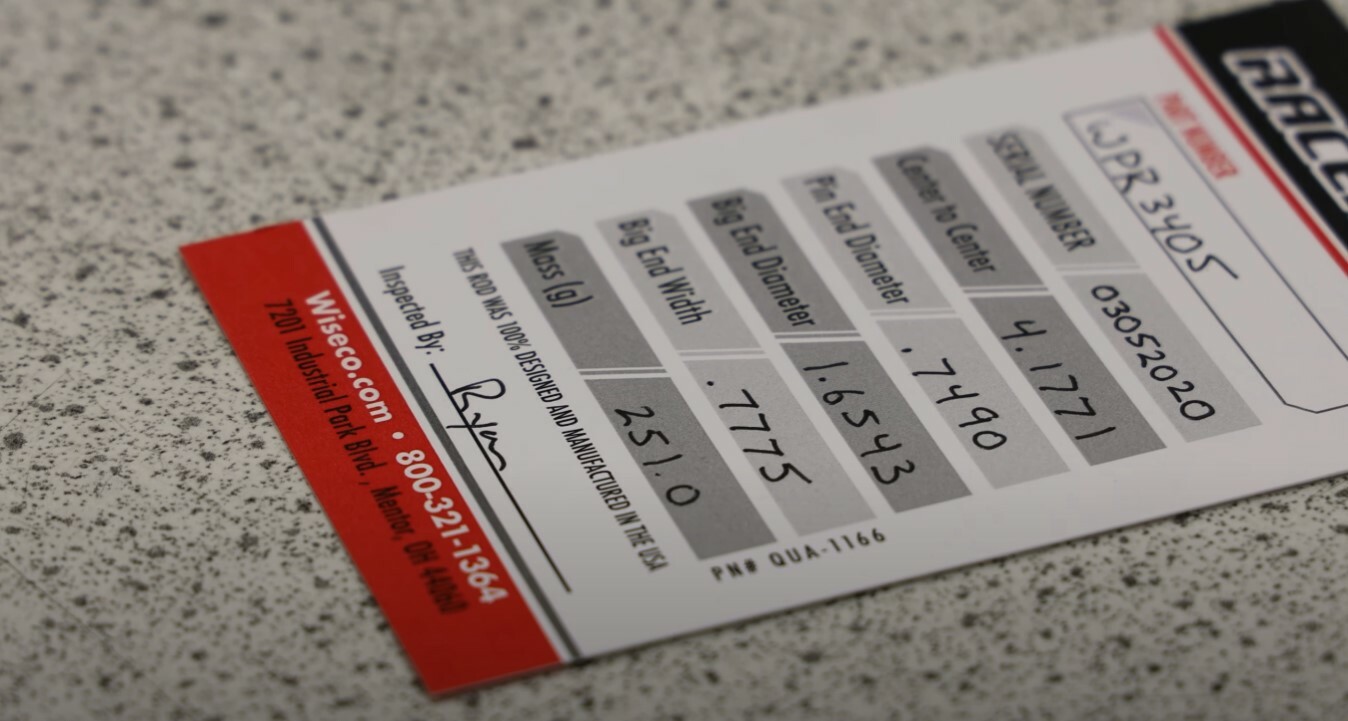 Every single Racer Elite rod goes through a complete quality inspection and recording processing using Zeiss CMM equipment. You'll receive a card filled out with critical dimension measurements specific to your connecting rod. Quality is 100% controlled because every process, from raw material to final packaging, is done in-house in the USA.