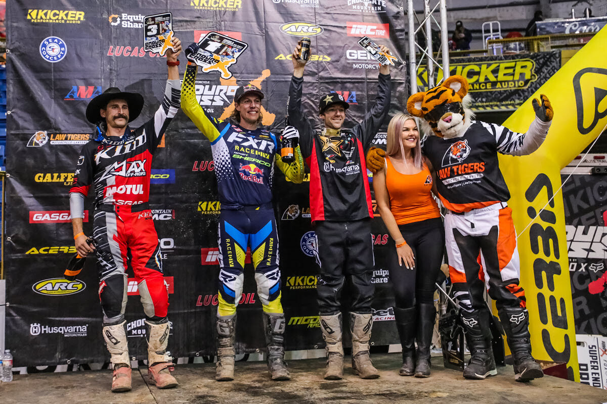 Cody Webb (center), Colton Haaker (right) and Max Gerston finished first, second and third respectively at the Denver EnduroCross season finale.