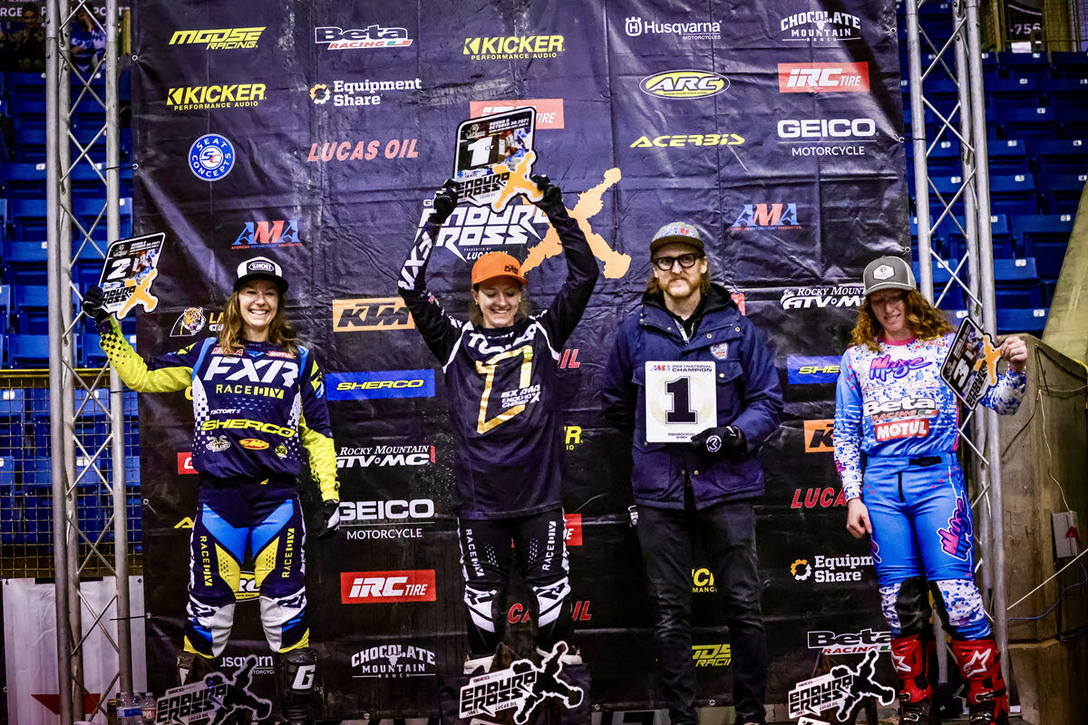 Shelby Turner (center) now has five AMA EnduroCross Women’s championships. The Canadian had to fight off Louise Forsley (left) and Morgan Tanke-Colon for the wins this season.