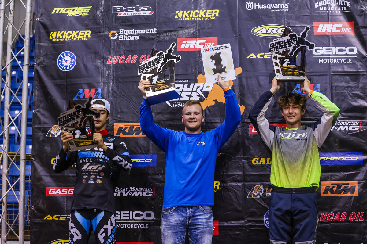Nathan Rector (center) won the Intermediate class championship with a last turn pass on Coleman Johnson (right). Agustin Pascal passed both riders for the win while Rector finished second and Travis Griffiths took third. Johnson took second in the championship and Pascal finished third.