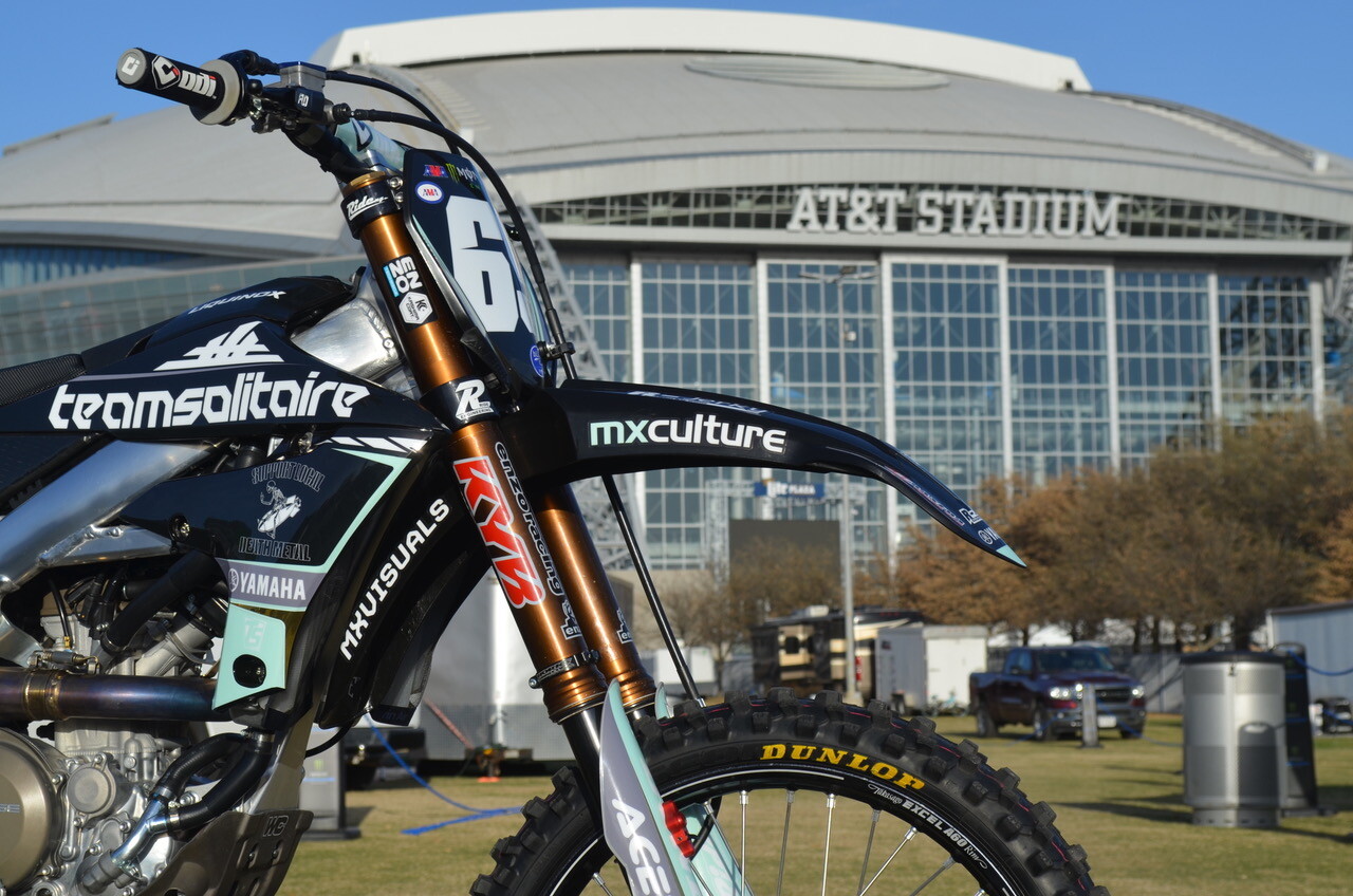 The Team Solitaire/Nuclear Blast Yamaha YZ250F outside of AT&T Stadium in Arlington, Texas.