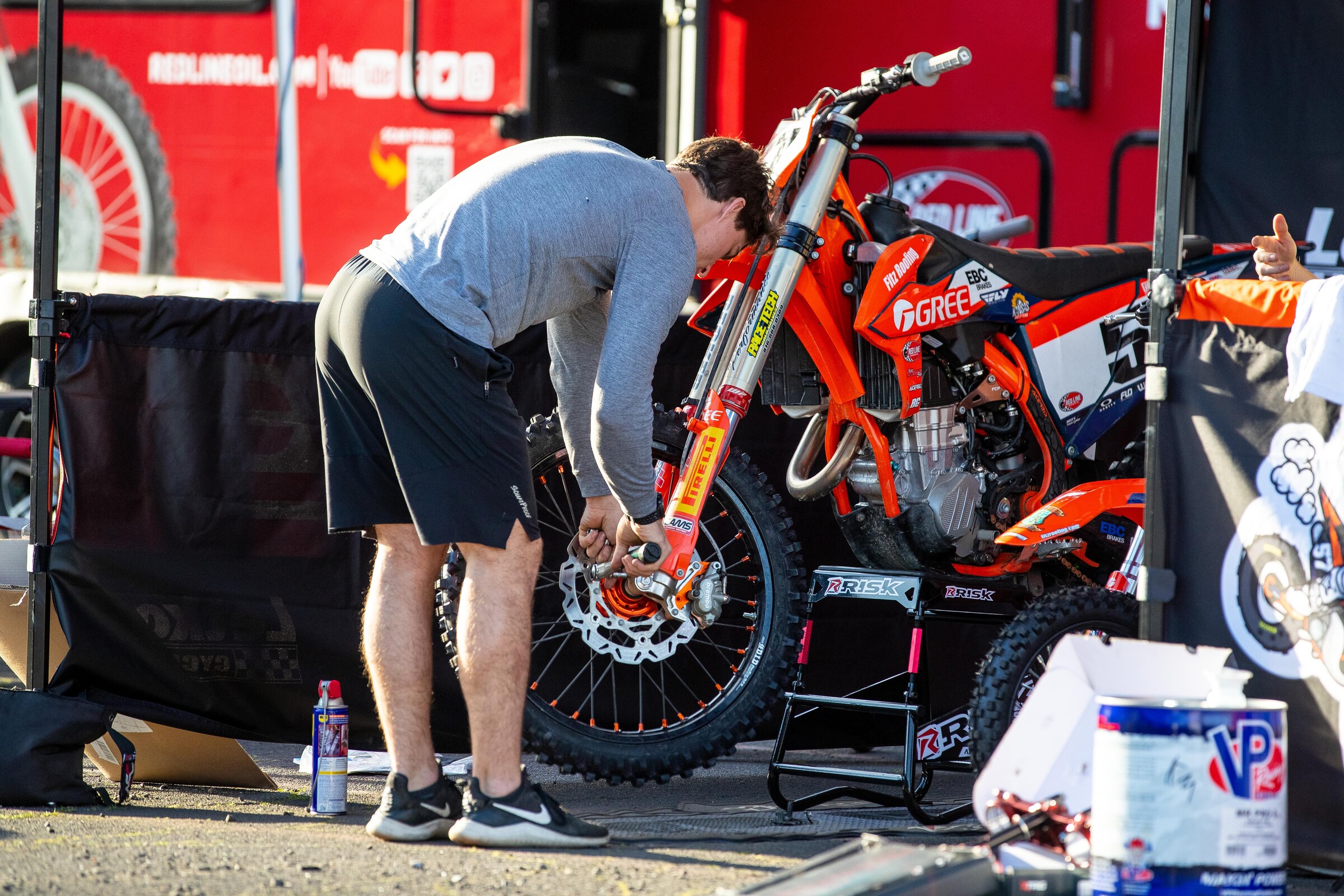 Moranz doing bike work before the Oakland Supercross.
