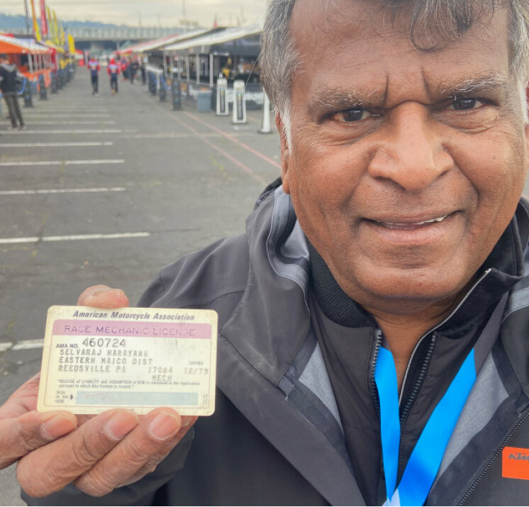 Selveraj shows off his very, very old AMA mechanic’s card.
