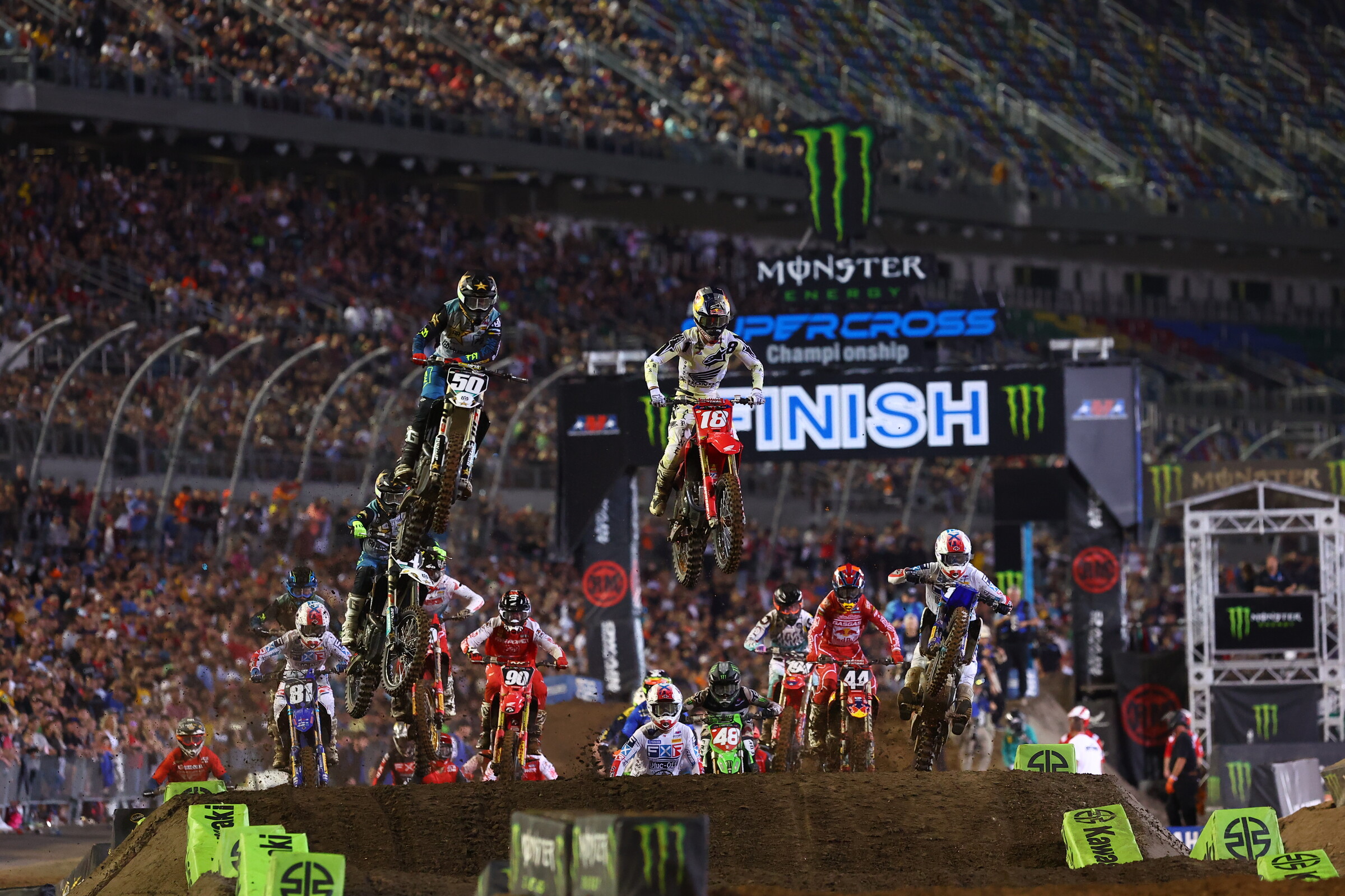 Stilez Robertson and Jett Lawrence at the front of the field early.