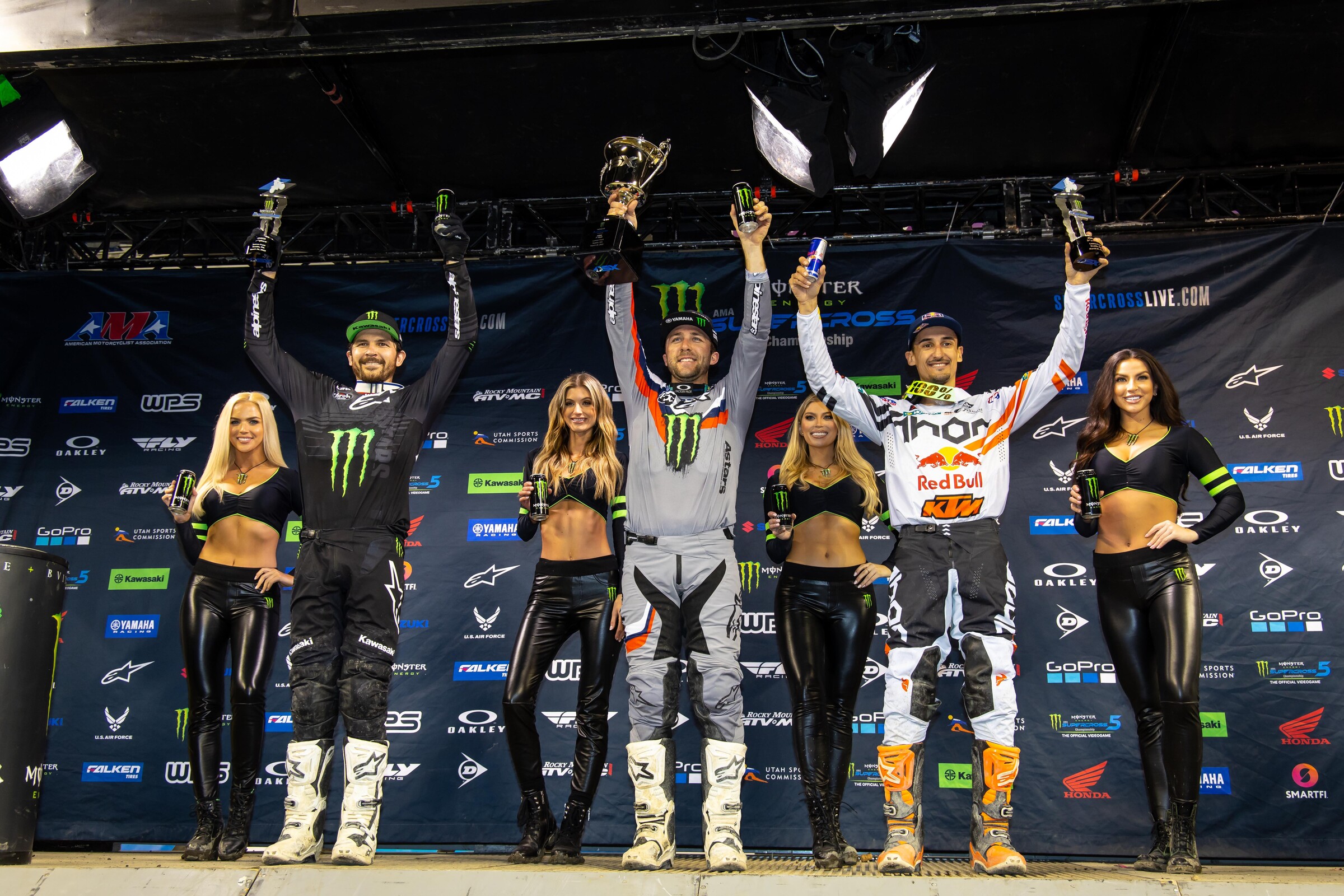 The 2022 Seattle Supercross 450SX podium: Eli Tomac (center, first), Jason Anderson (left, second), and Marvin Musquin (right, third).
