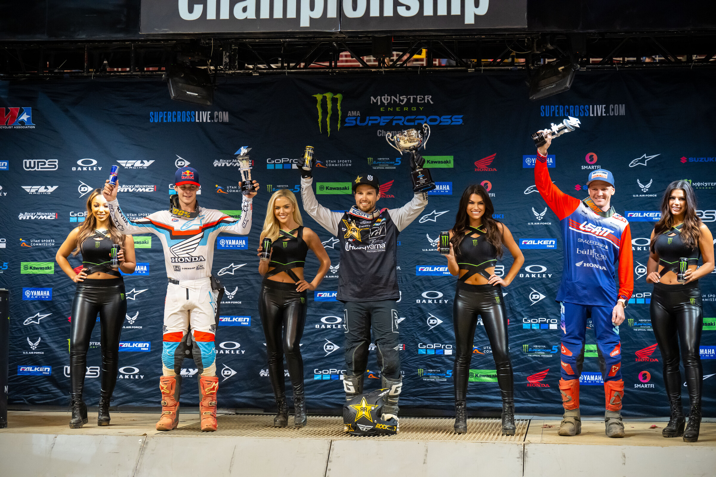 The 2022 St. Louis Supercross 250SX overall podium.