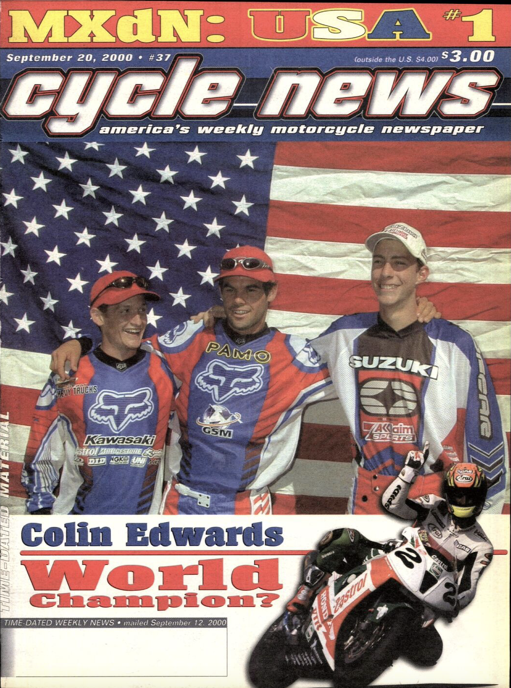 The 2000 Team USA MXoN team (Carmichael, Hughes, and Pastrana) on the cover of Cycle News.