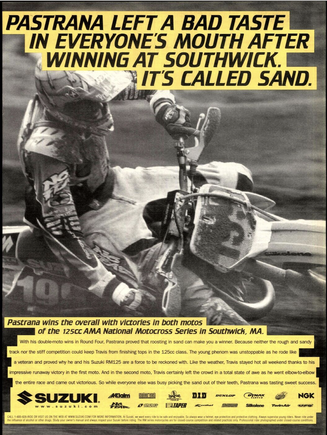 Travis Pastrana in a Suzuki ad in Cycle News.