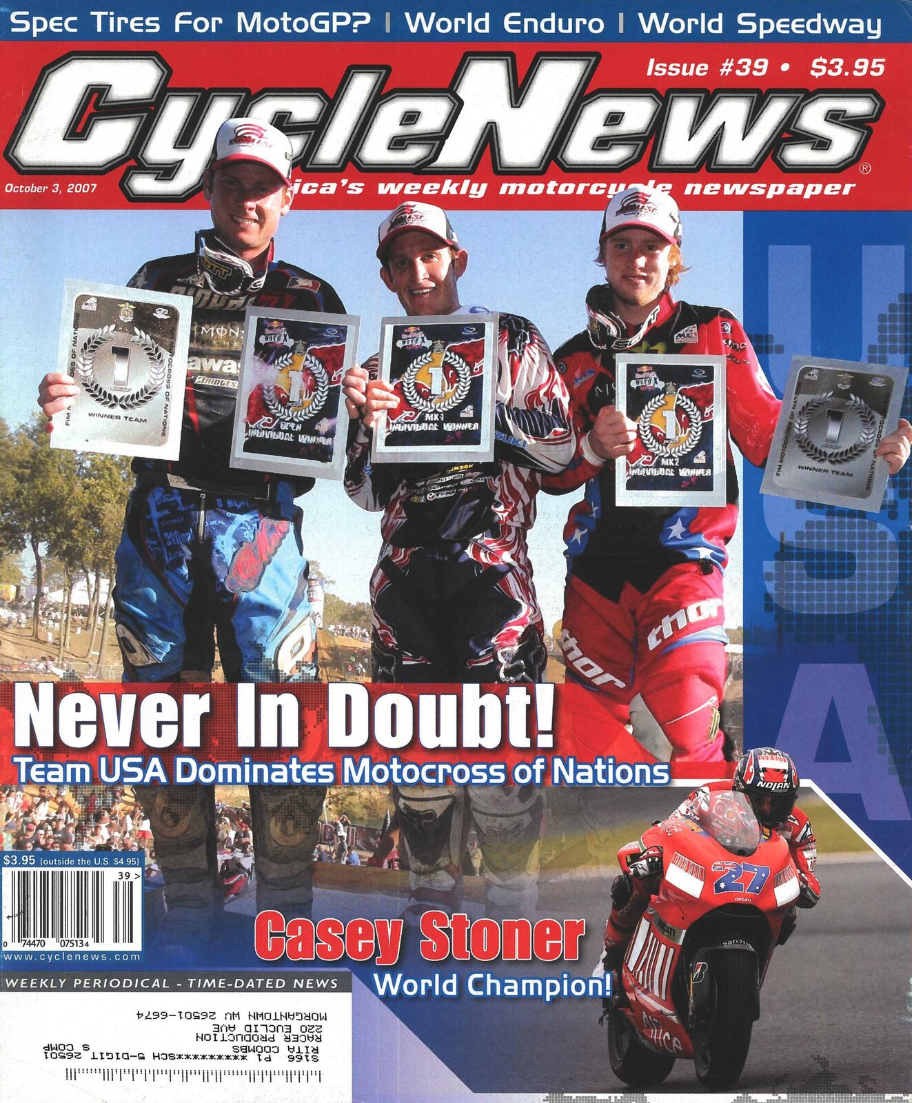 The 2007 USA FIM Motocross of Nations team on the cover of Cycle News.