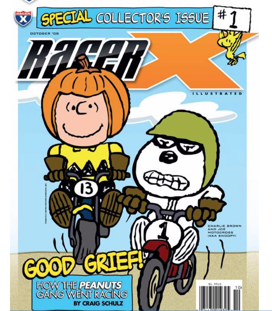 Charlie Brown and Snoopy on the cover of Racer X Illustrated.
