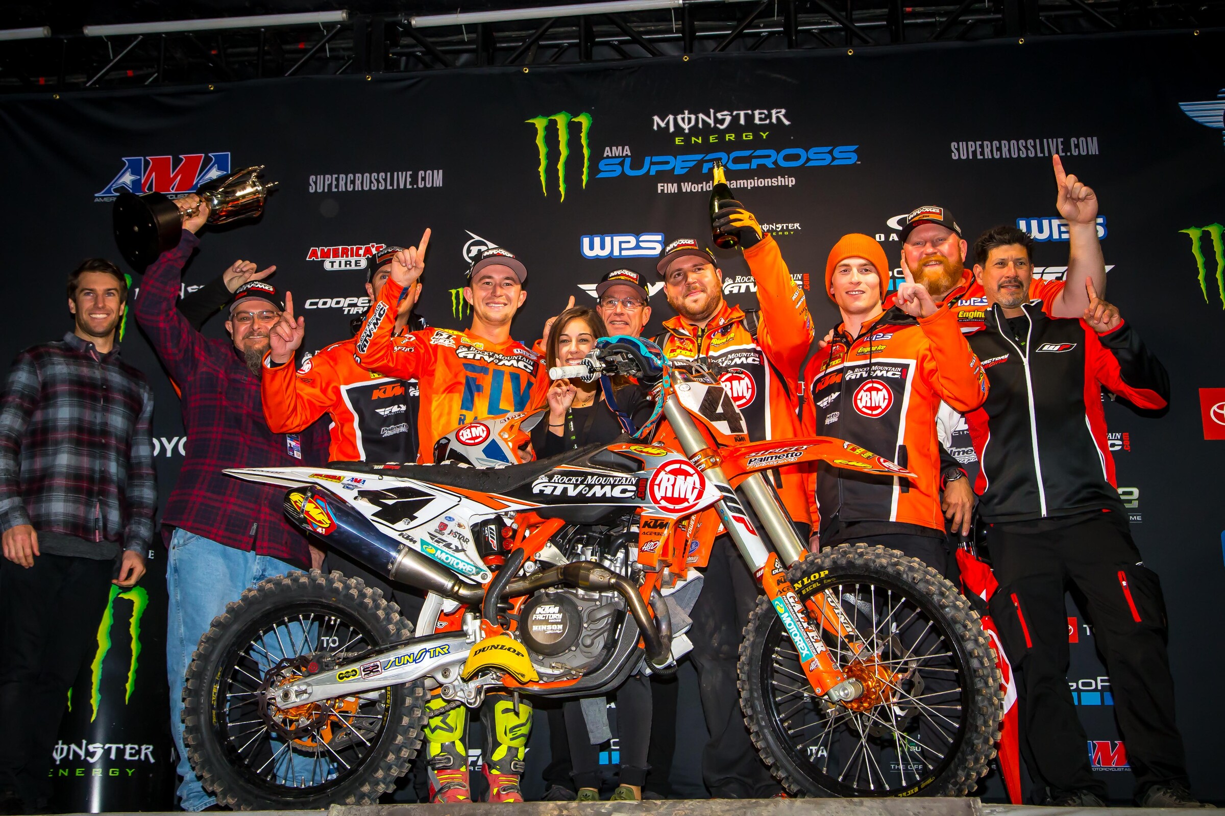 Blake Baggett and the Rocky Mountain ATV/MC-KTM-WPS team after the #4's maiden 450SX main event win.