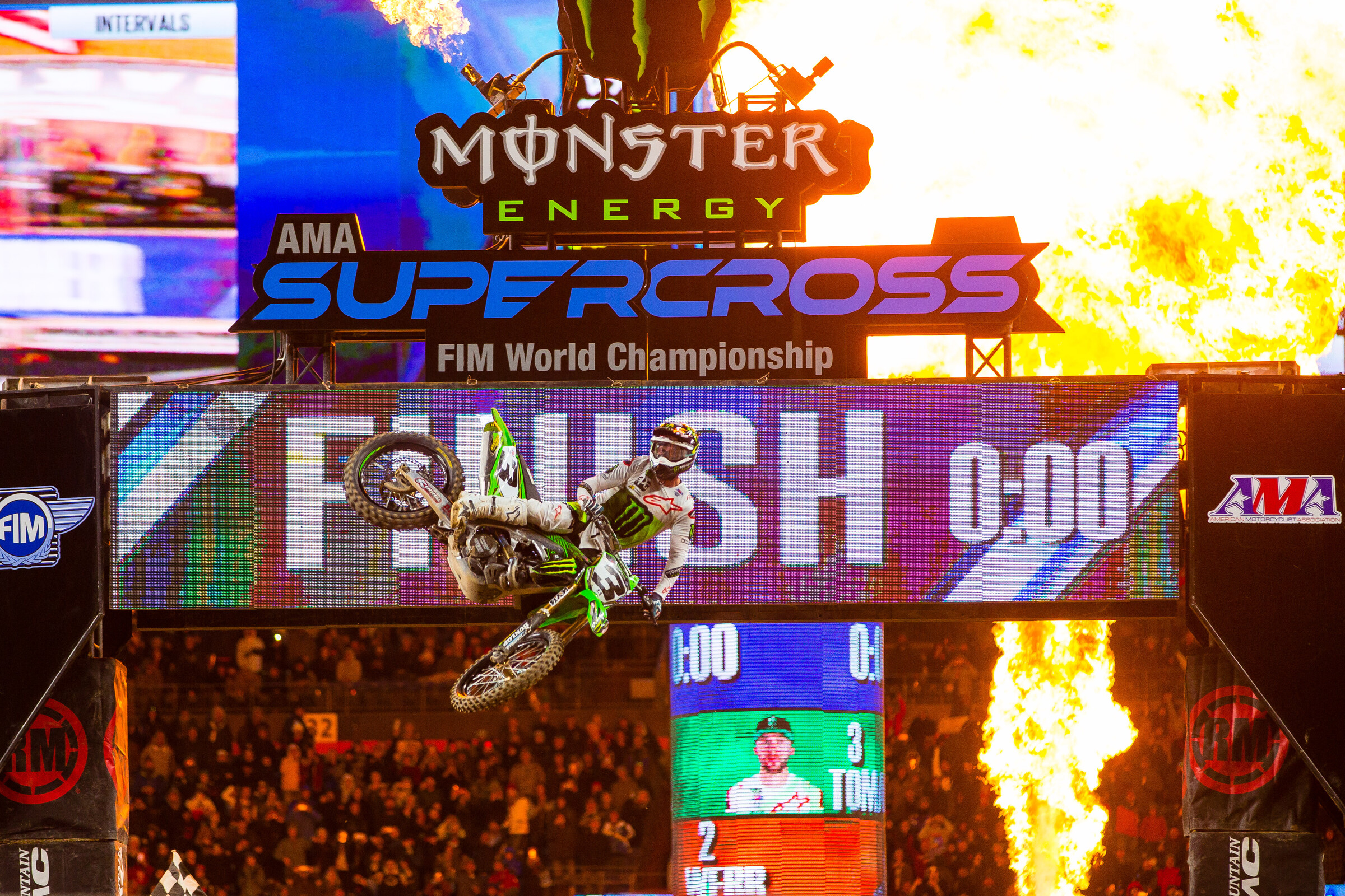 Eli Tomac claiming the Denver Supercross 450SX main event.