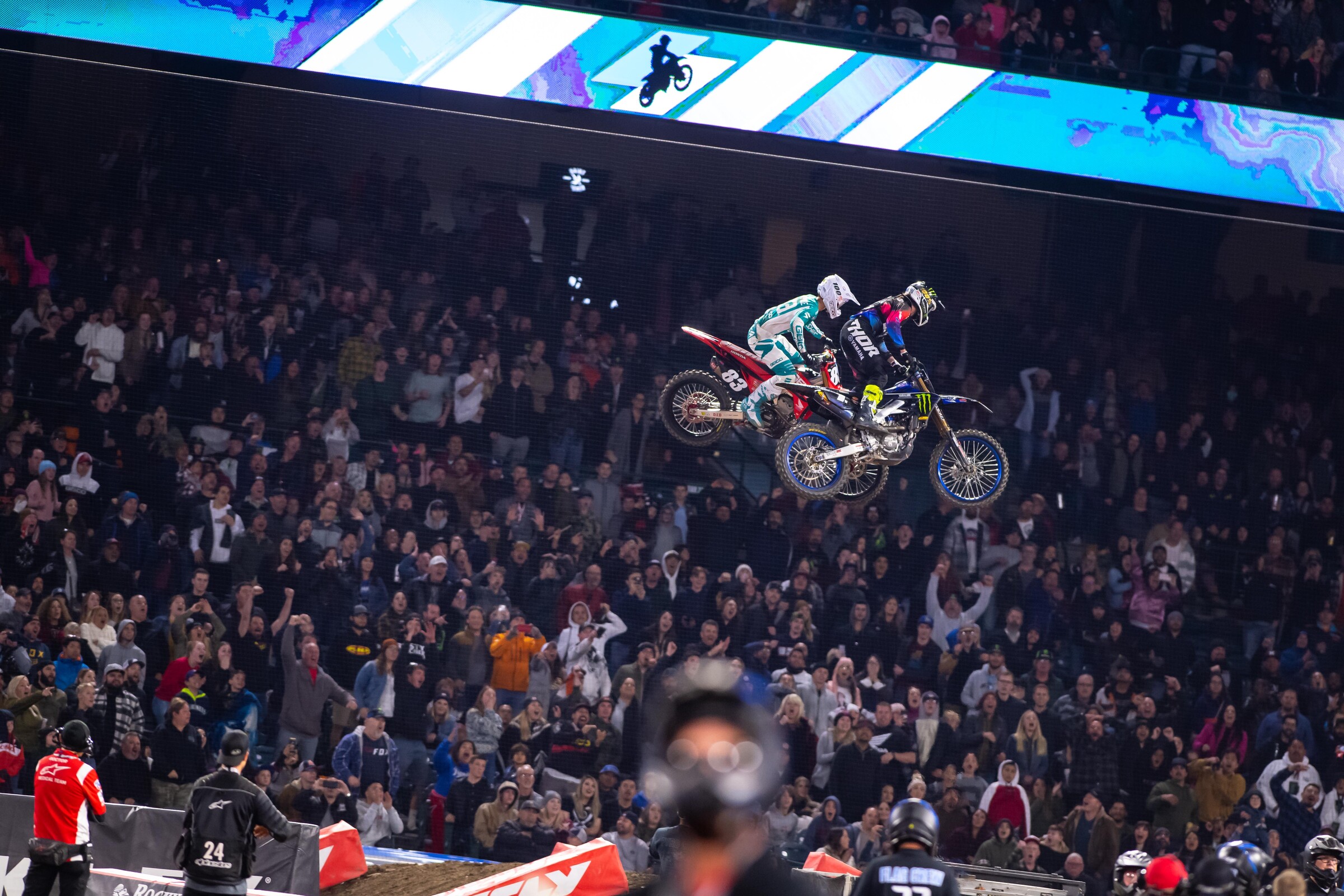 Ferrandis and Jett Lawrence battling for the lead on the last lap of A2.