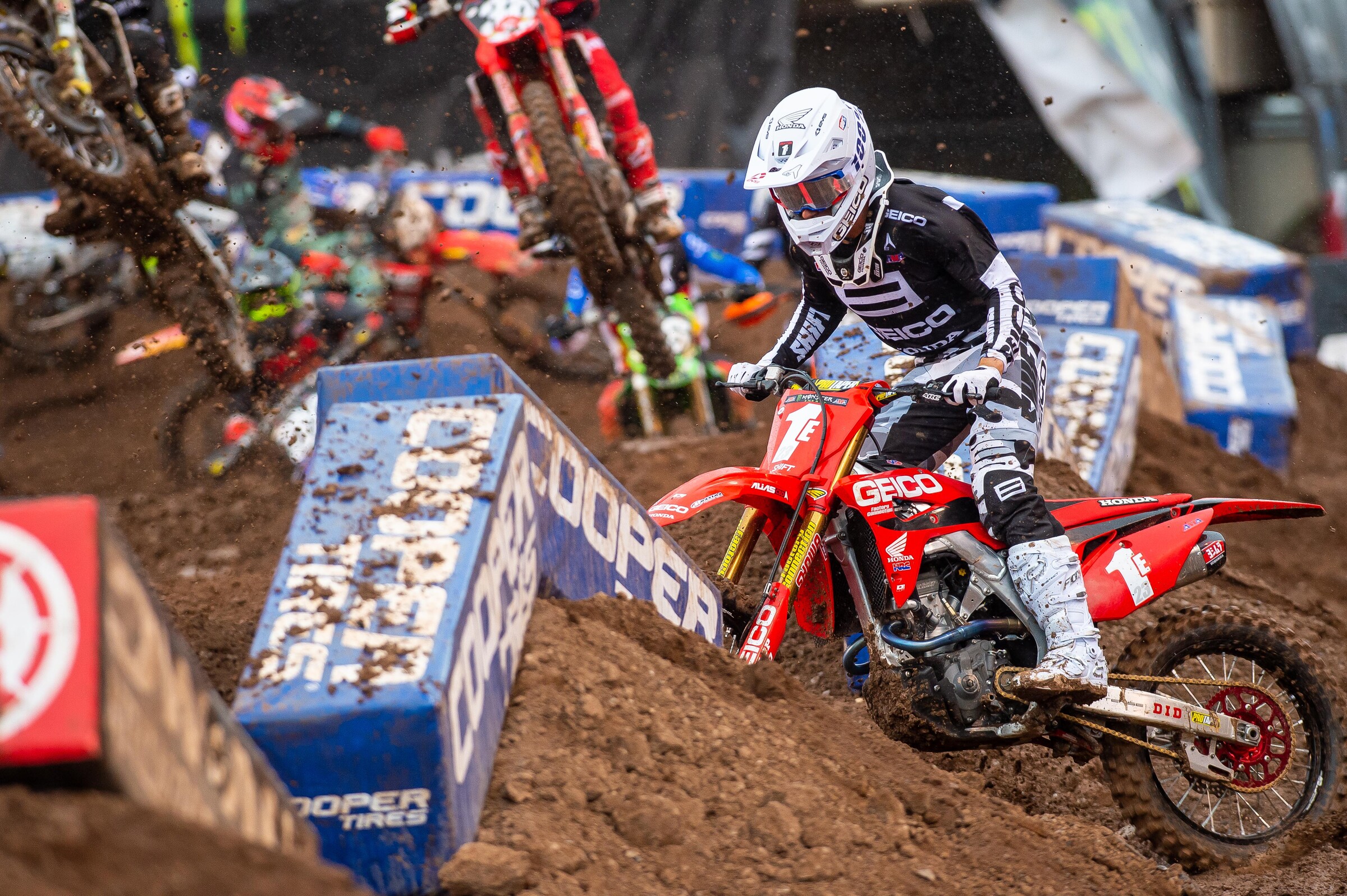 Sexton at the Salt Lake City 3 Supercross after being bumped off track early on the first lap.
