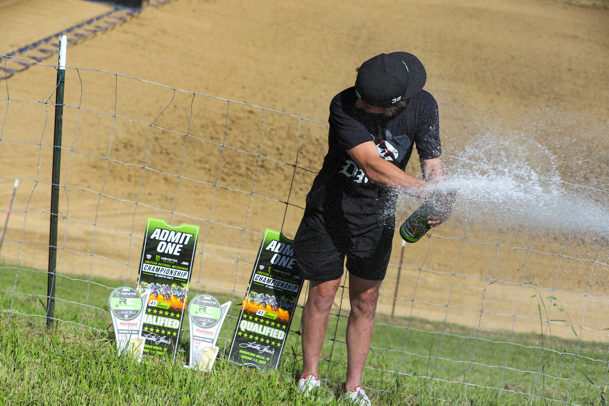 Deegan celebrates after his Loretta Lynn's Regional Qualifier at High Point Raceway.