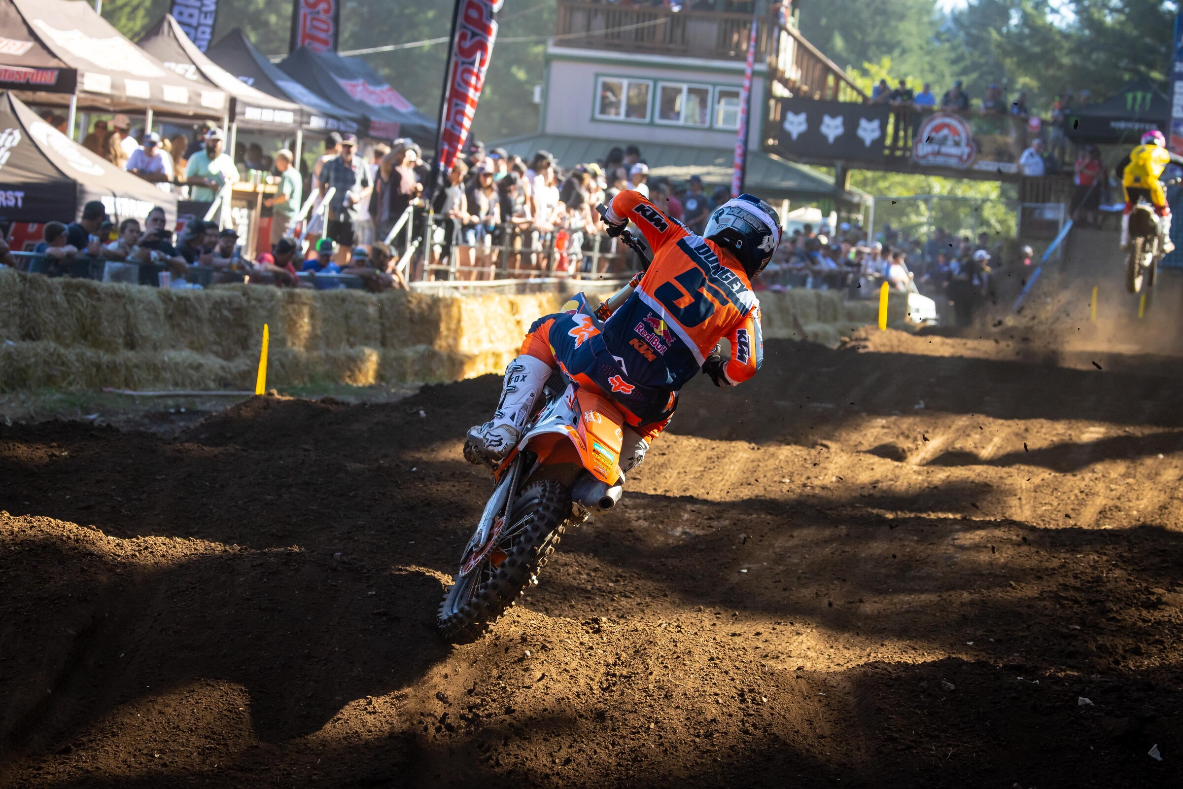 Dungey going to the inside of the whoops section before the finish line.