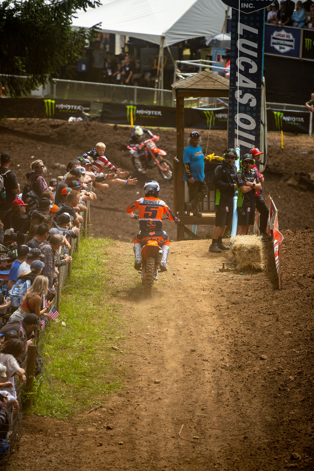 Dungey on the water truck lane after his bike suffered a mechanical issue in the first moto.