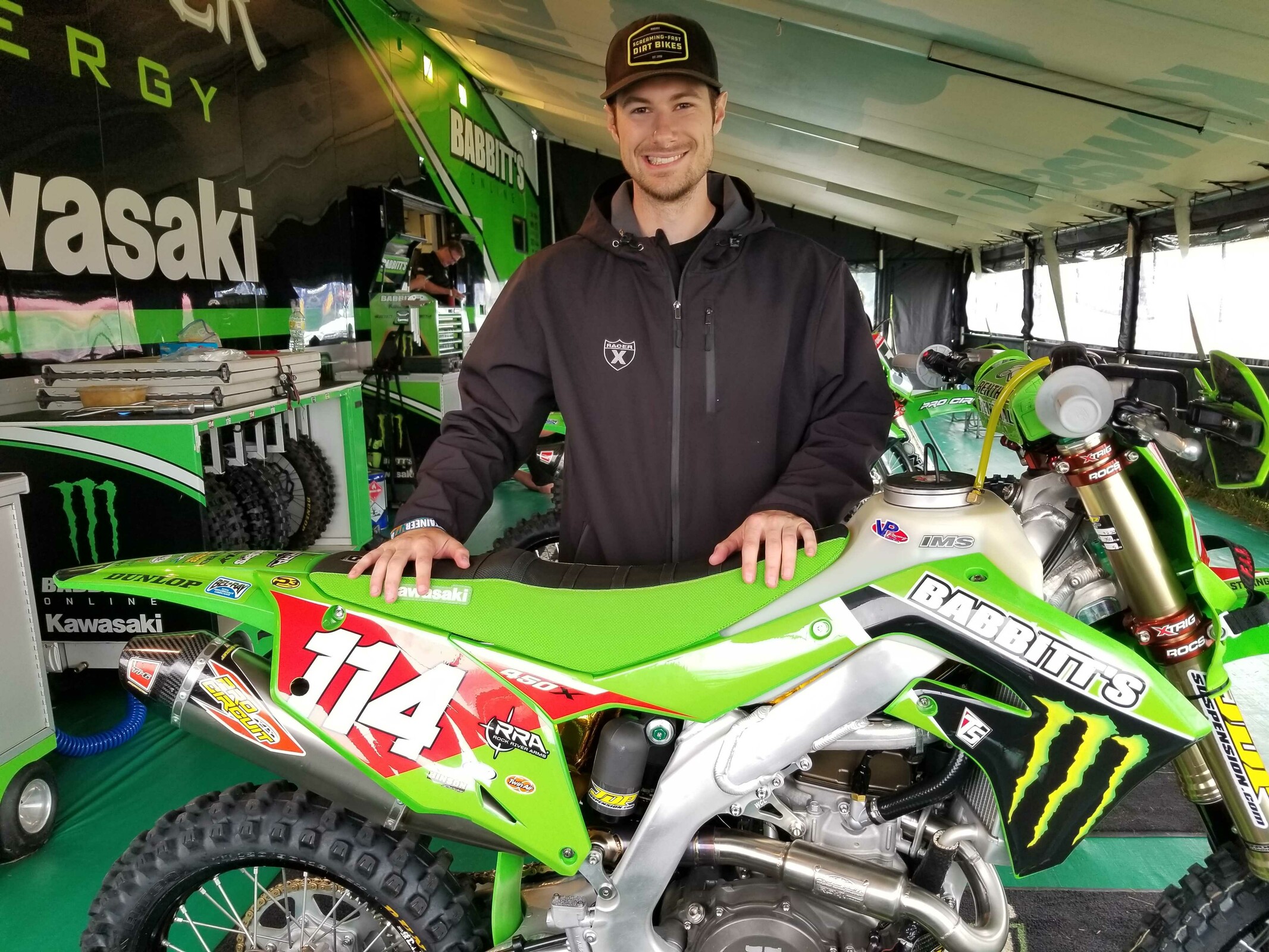 Mitch Kendra with Josh Strang's Kawasaki KX450X.