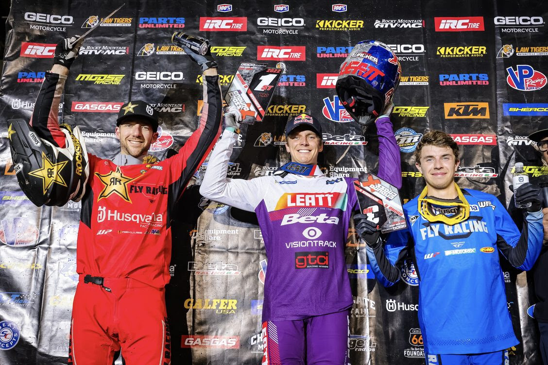 (Left to Right) Colton Haaker (P2), Jonny Walker (P1), and Ryder LeBlond (P3) in the EX Pro Class.