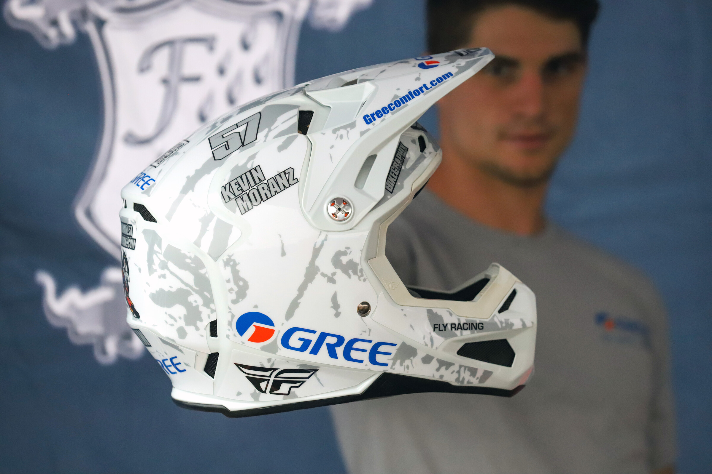 Kevin Moranz's helmet wrap, showing love to one of his sponsors GREE (an air conditioner company), at the 2022 RedBud National.