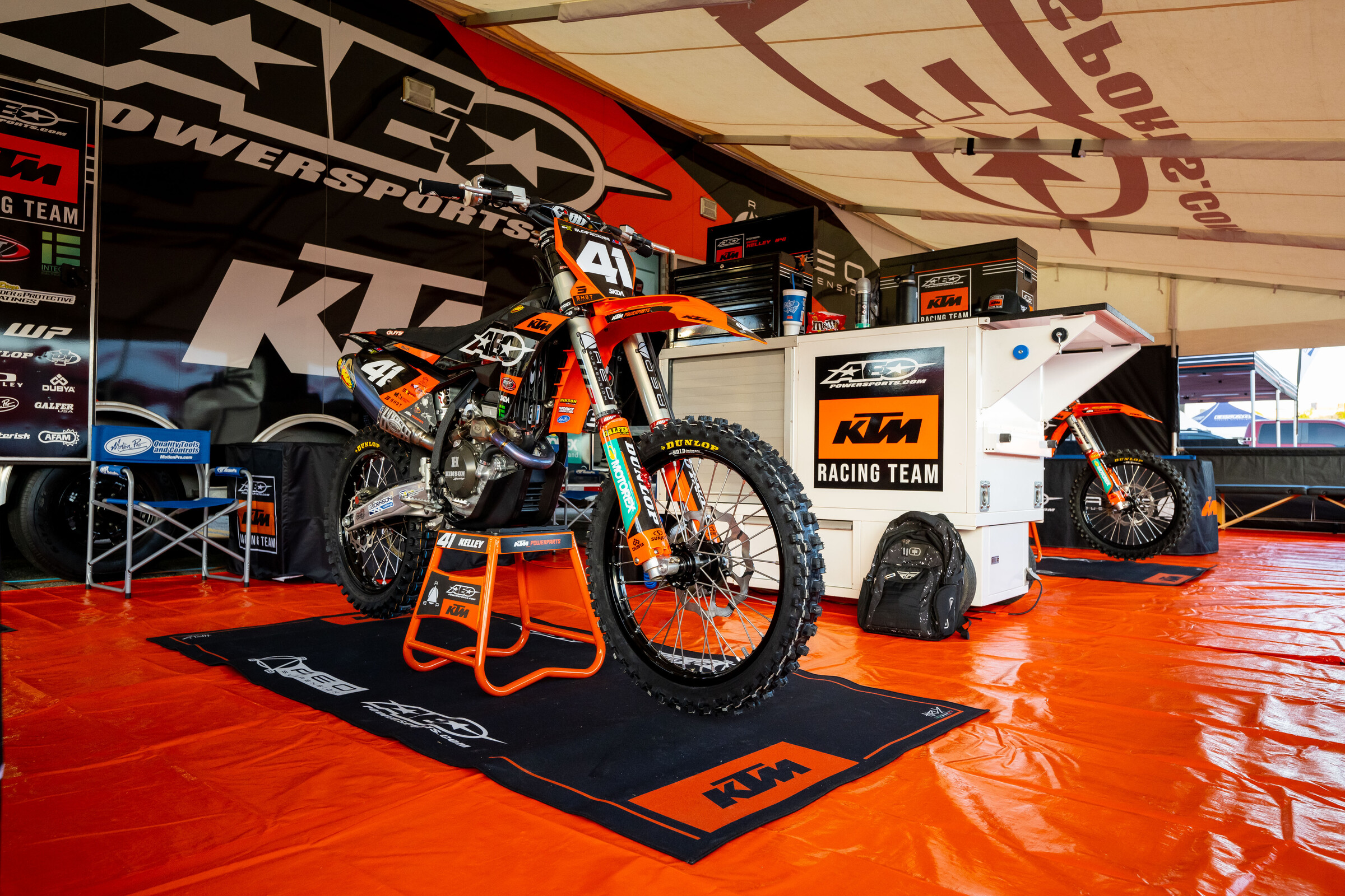 Kelley's KTM 250 SX-F under the AEO Powersports KTM team pits.