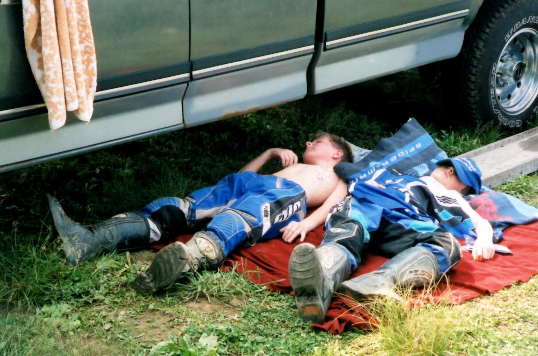 Jake and Mitch Kendra recovering between riding sessions.