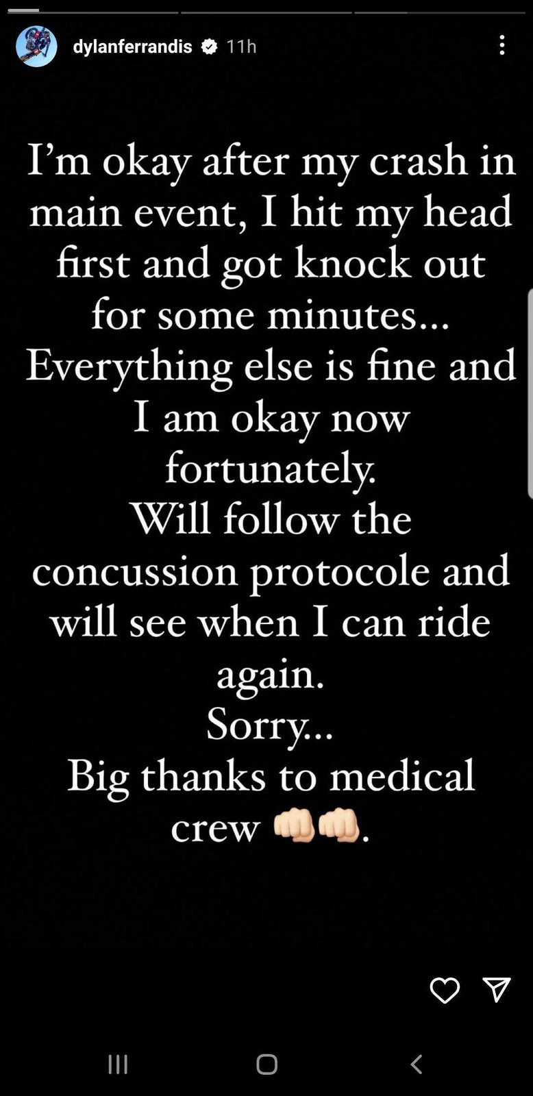 Dylan Ferrandis' Instagram story on Sunday after the Houston Supercross.