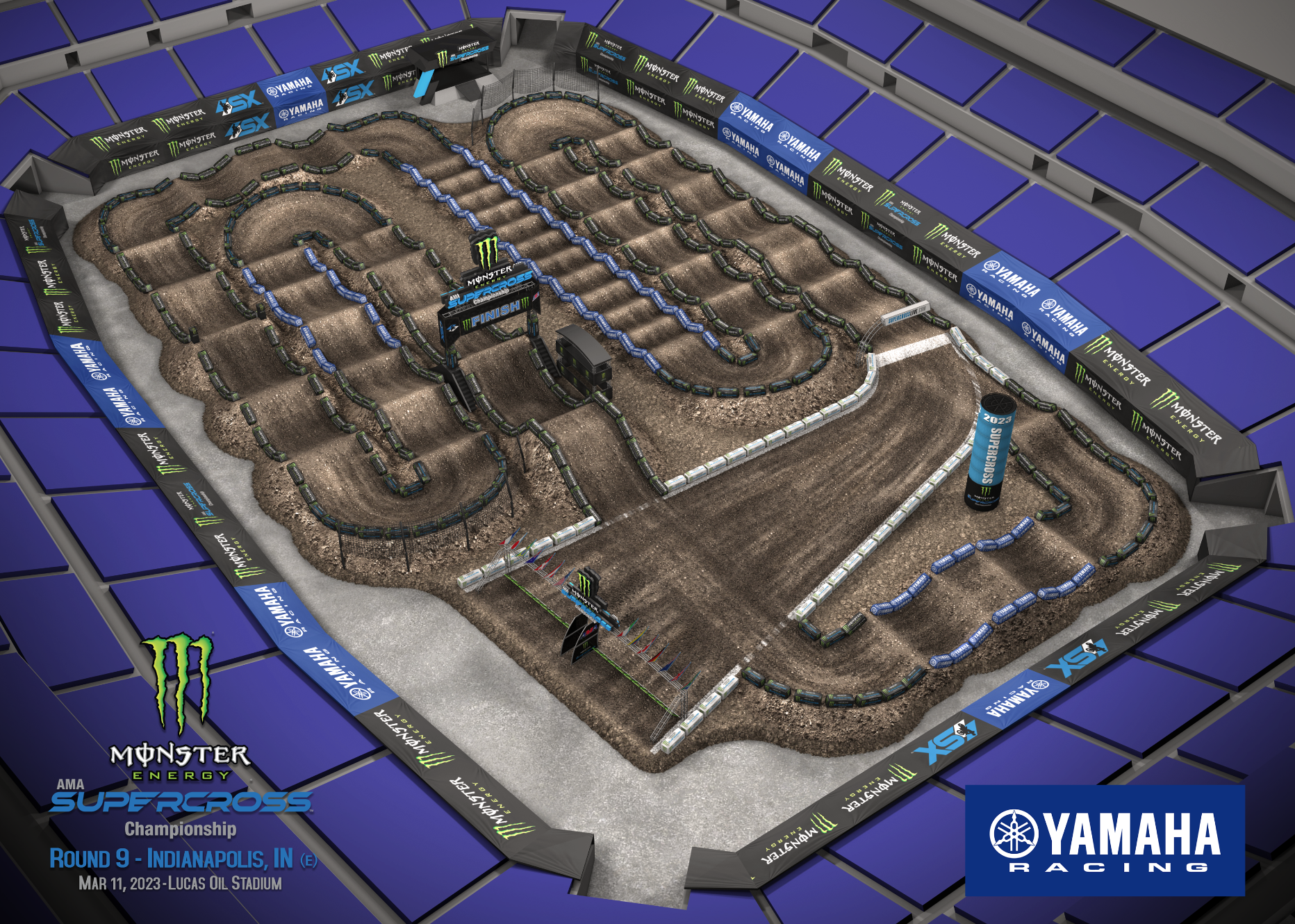 The 2023 Indianapolis Supercross track map layout.